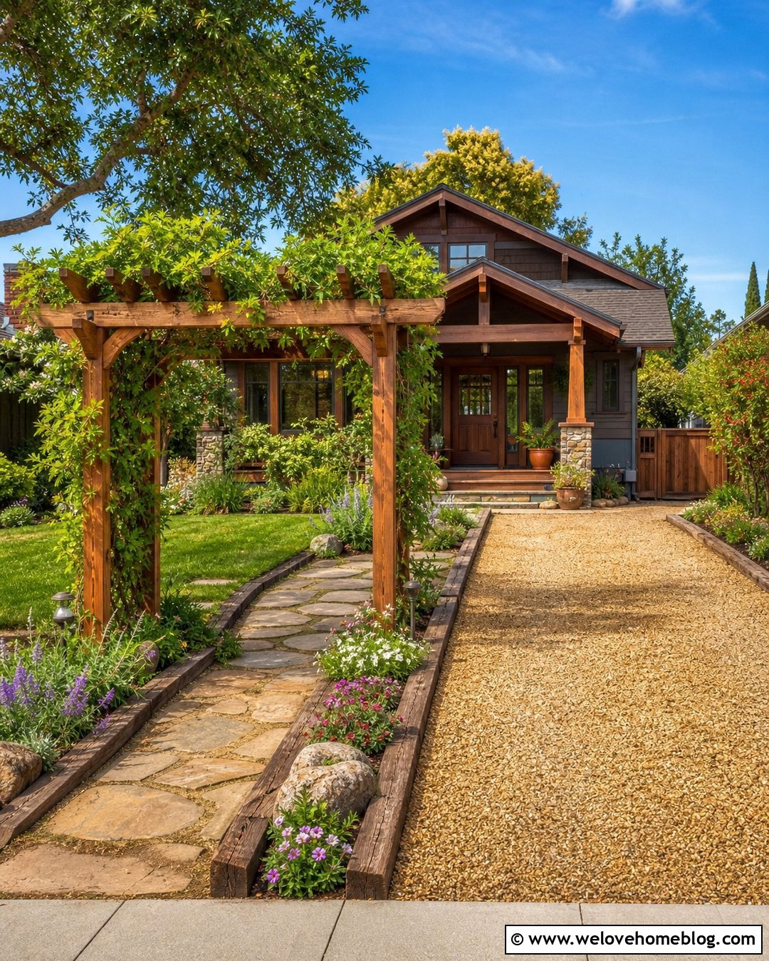 Small Driveway With A Wooden Arbor Entrance - 40 small driveway ideas