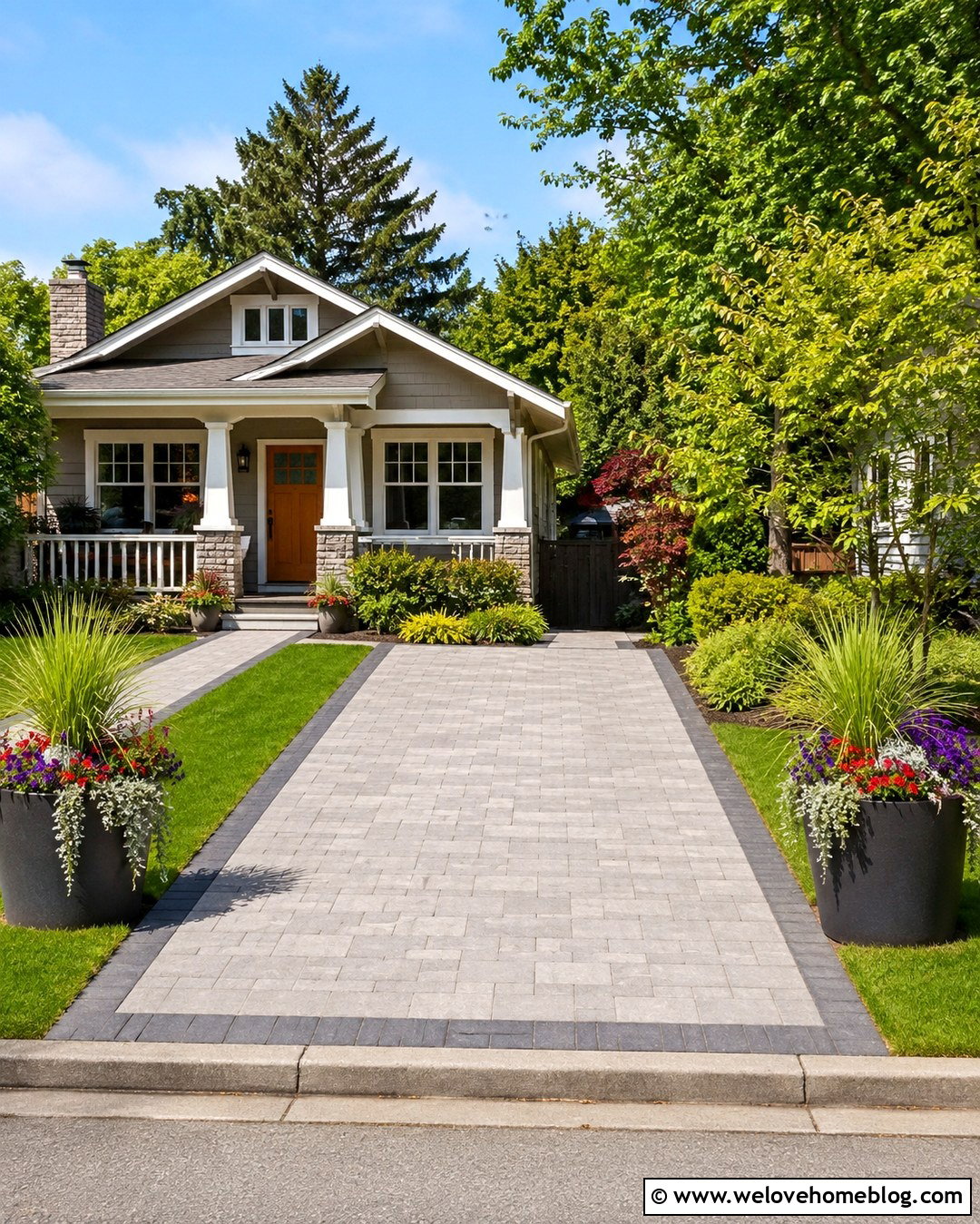 Small Driveway With Container Flowers - 20 Summer Driveway View Ideas