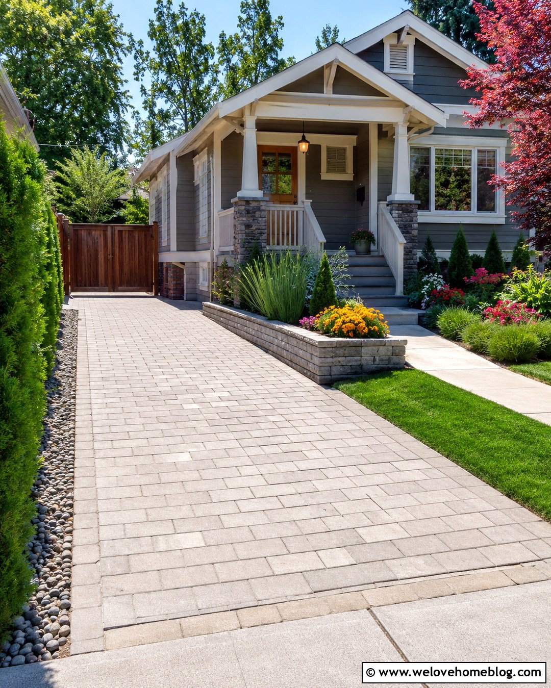 Small Driveway With Raised Sunlit Planters - 20 Sunlit Driveway Landscaping Ideas