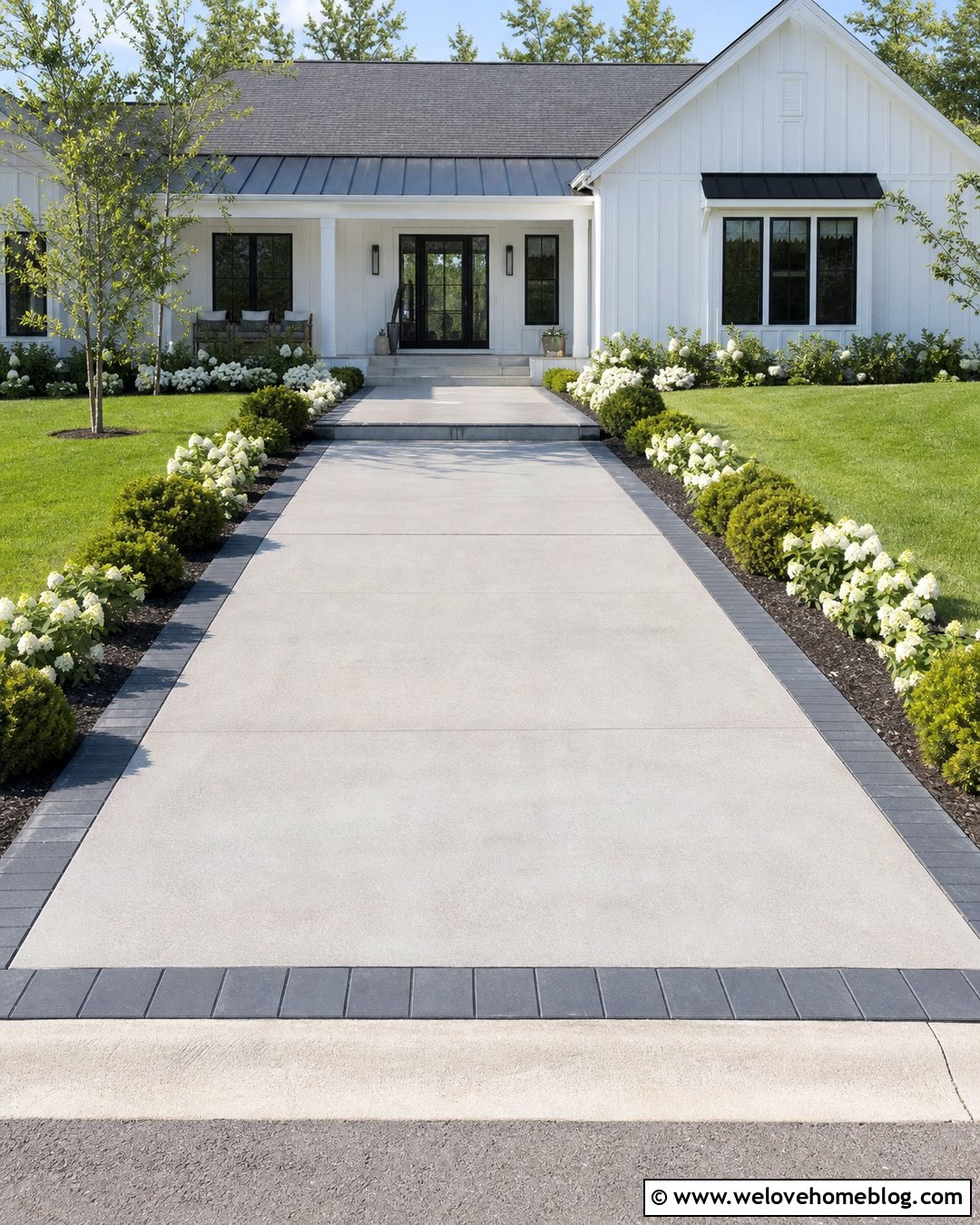 Small Front Driveway With Contrasting Paver Ribbons - 25 Small Front Driveway Ideas