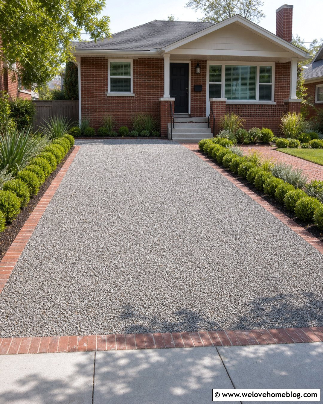 Small Gravel Driveway With Flush Brick Border - 20 Brick Lined Gravel Driveway Ideas