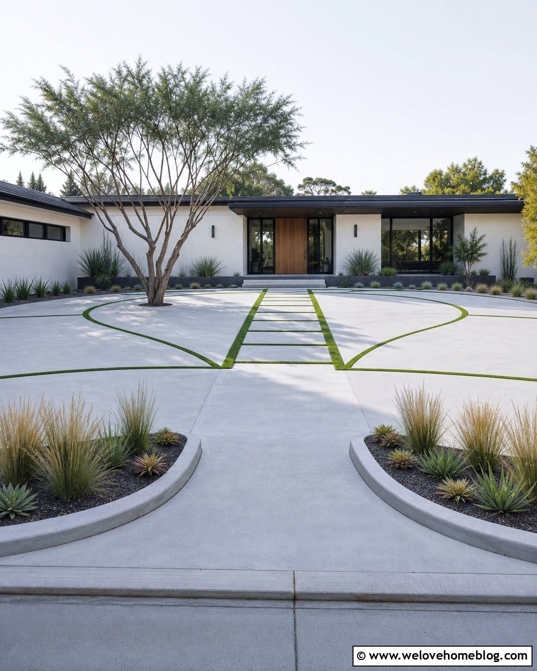 Small Half Circle Concrete Driveway With Grass Strips - 20 Small Half Circle Driveway Ideas