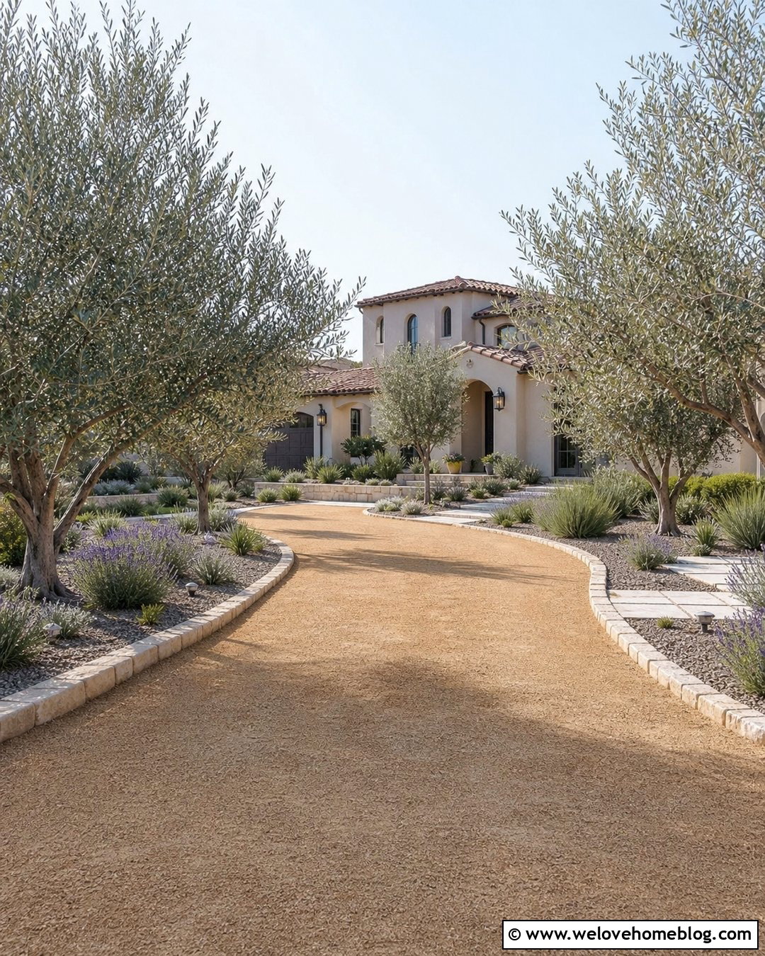 Small Olive Tree Lined Decomposed Granite Driveway - 20 Small Tree Lined Driveway Ideas