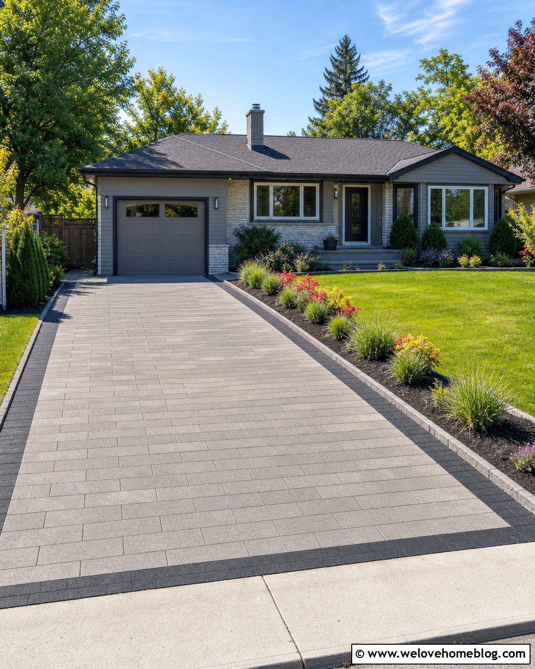 Small Paver Driveway With Running Bond Pattern - 20 Paver Driveway Curb Appeal Ideas