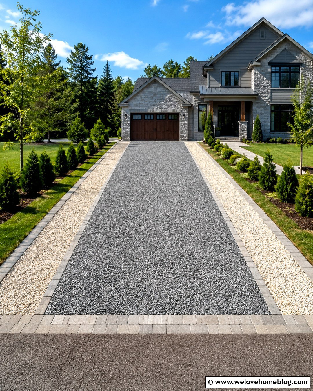 Small Two Tone Gravel Driveway With Stone Bands - 20 Small Gravel Driveway Ideas