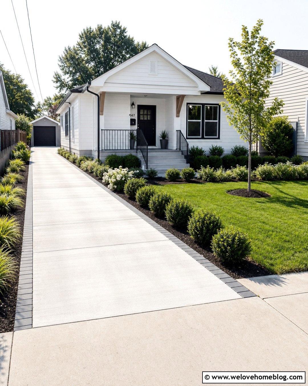 Small White Concrete Driveway With Simple Landscaping - 20 White Concrete Driveway Ideas