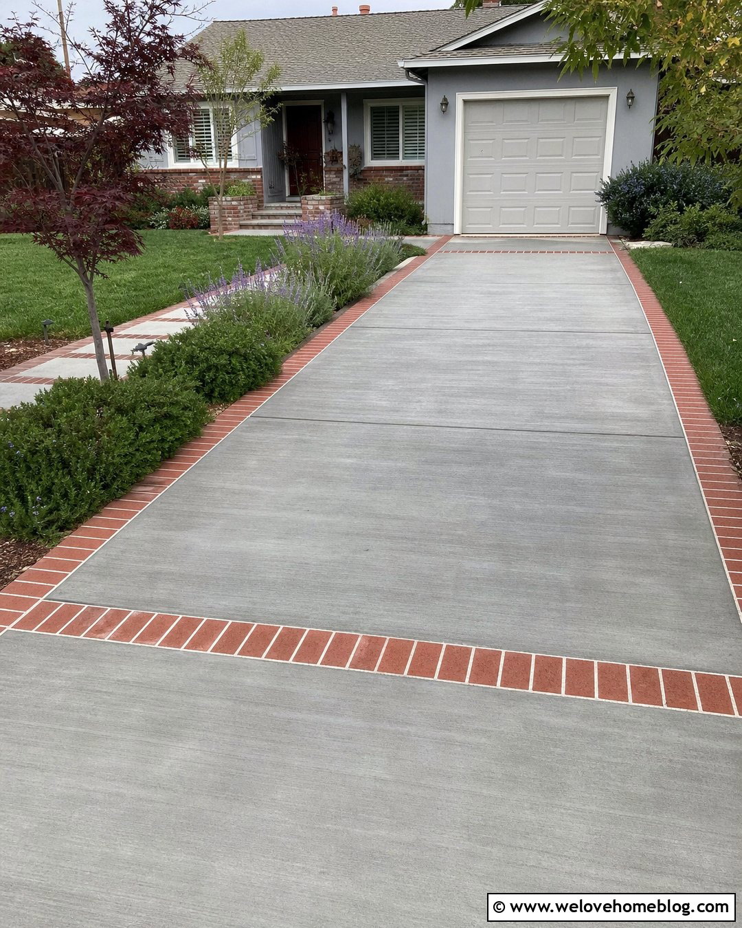 Smoky Grey Stained Concrete Driveway With Brick Ribbon - 20 grey stained concrete driveway ideas