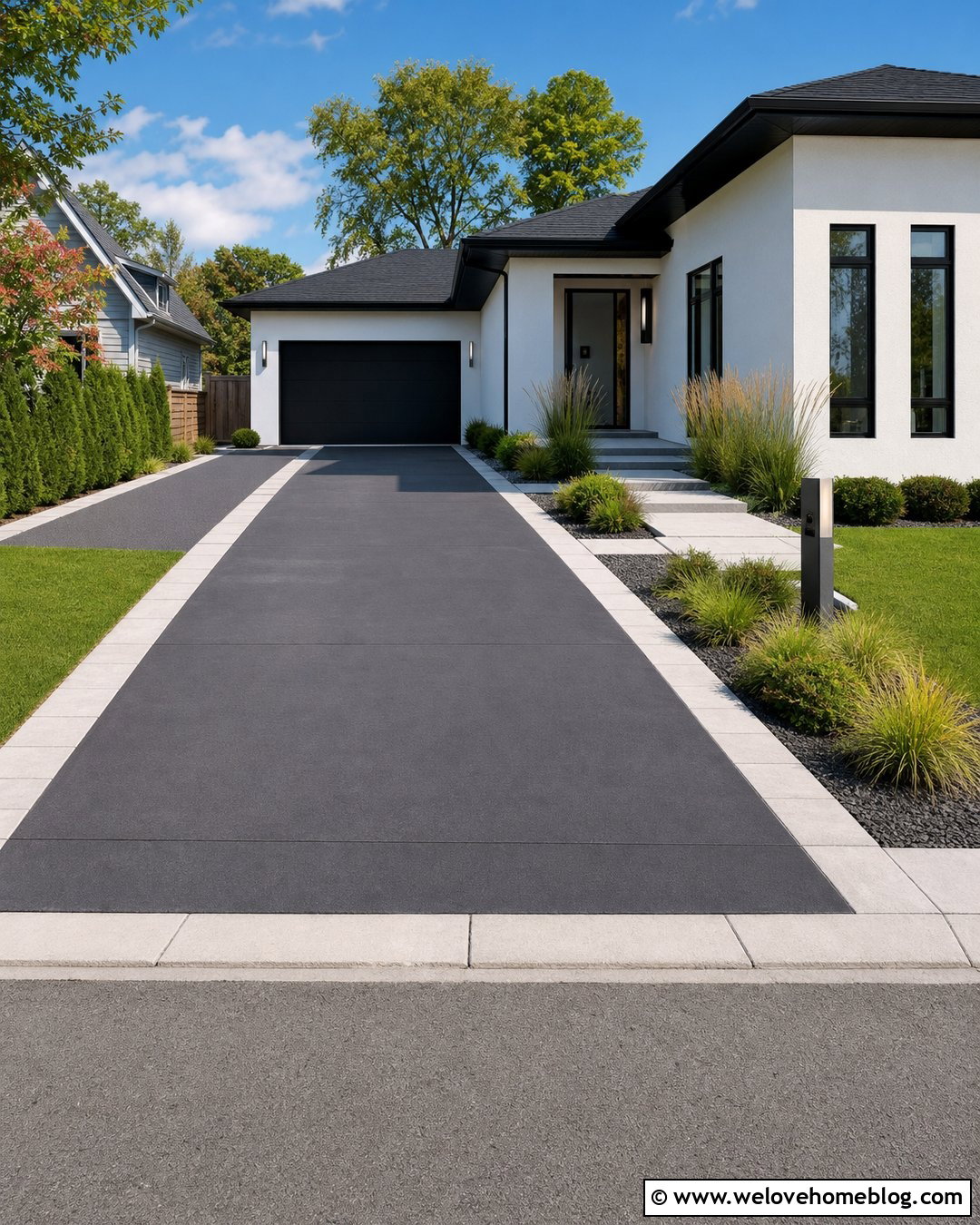 Smooth Charcoal Concrete Driveway With White Paver Border - 20 Charcoal Concrete Driveway Ideas