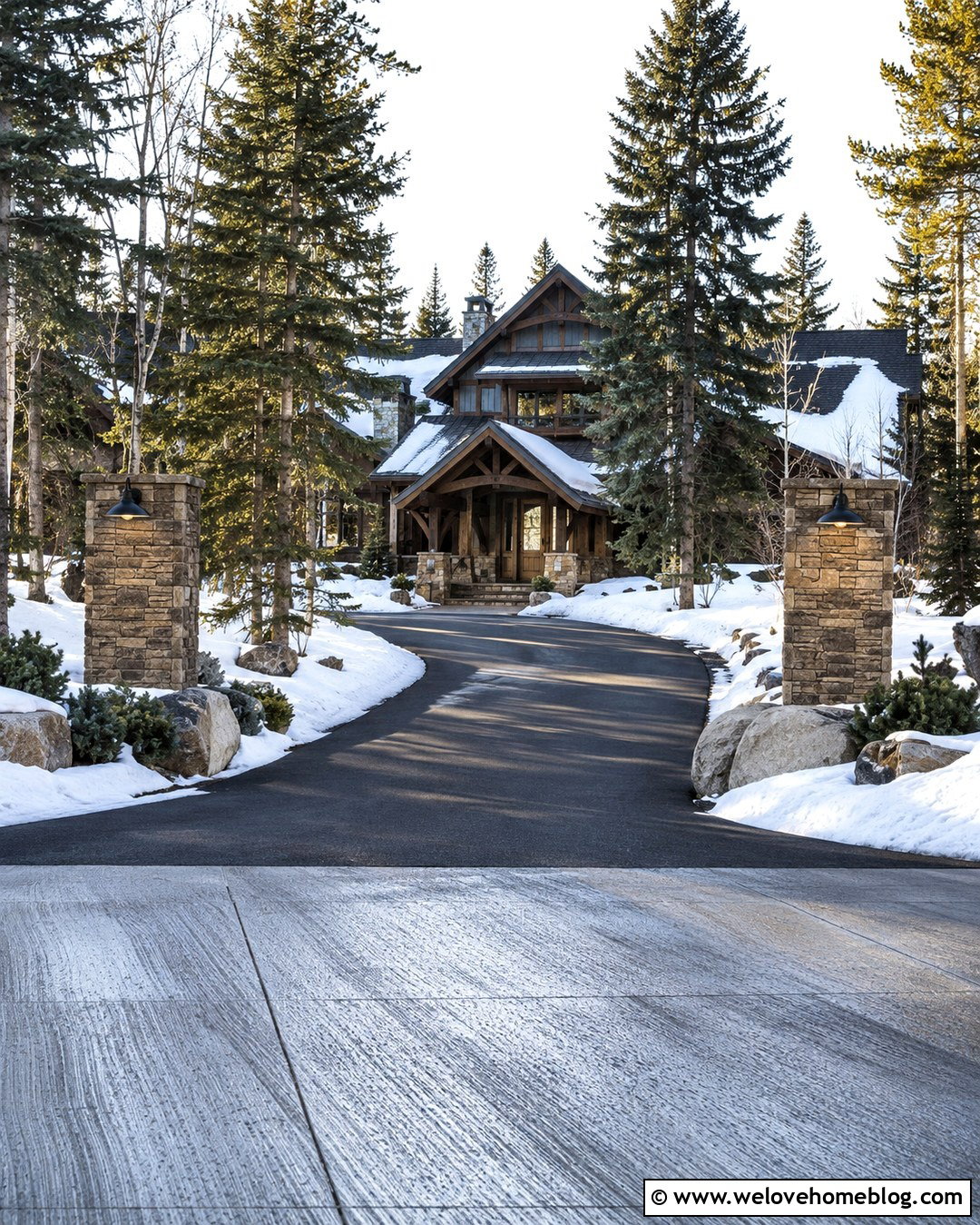 Snow Country Cabin Driveway Entrance With Wide Pillars - 20 Cabin Driveway Entrance Ideas