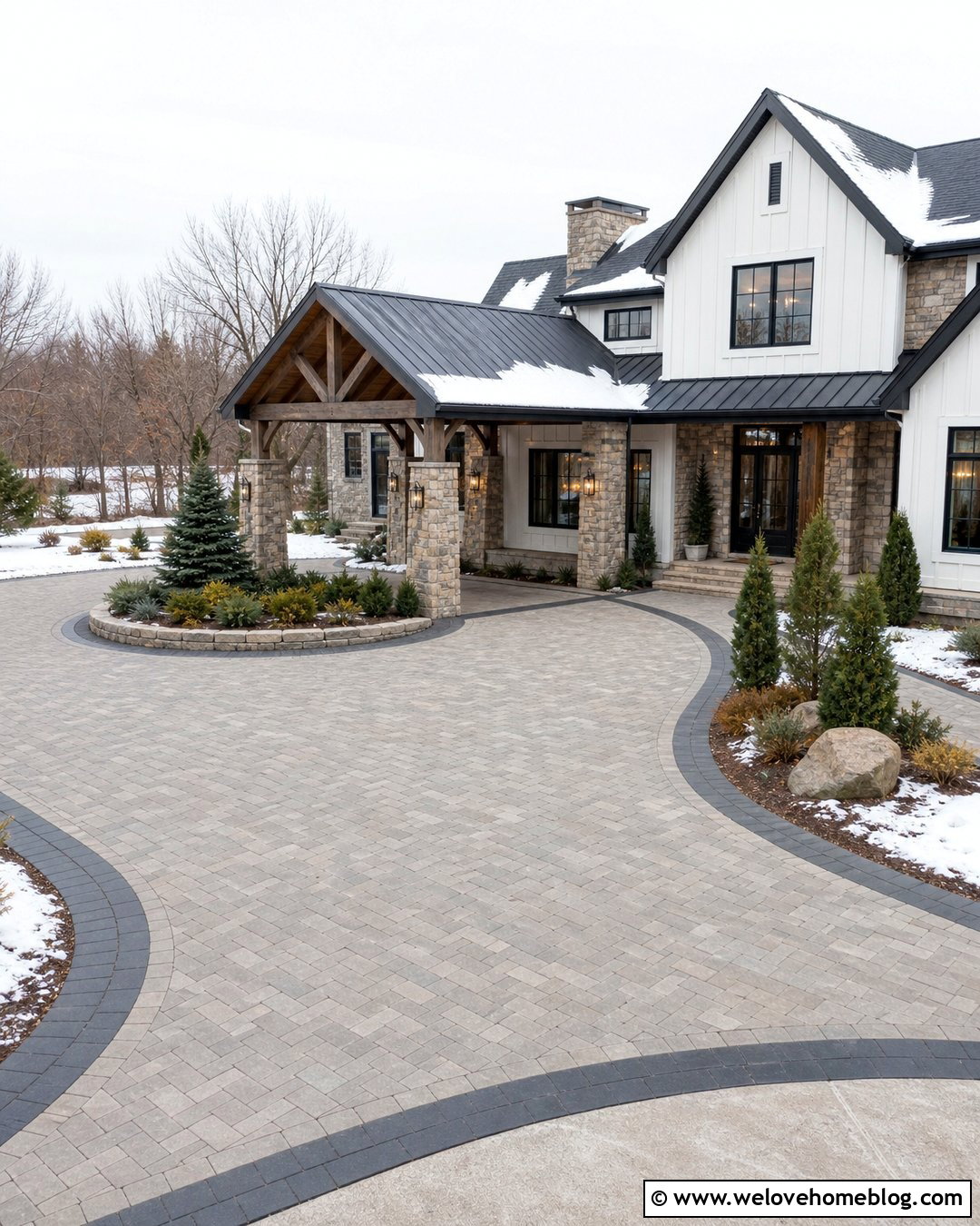 Snowy Driveway With Covered Drop Off - 20 Snowy Driveway Ideas