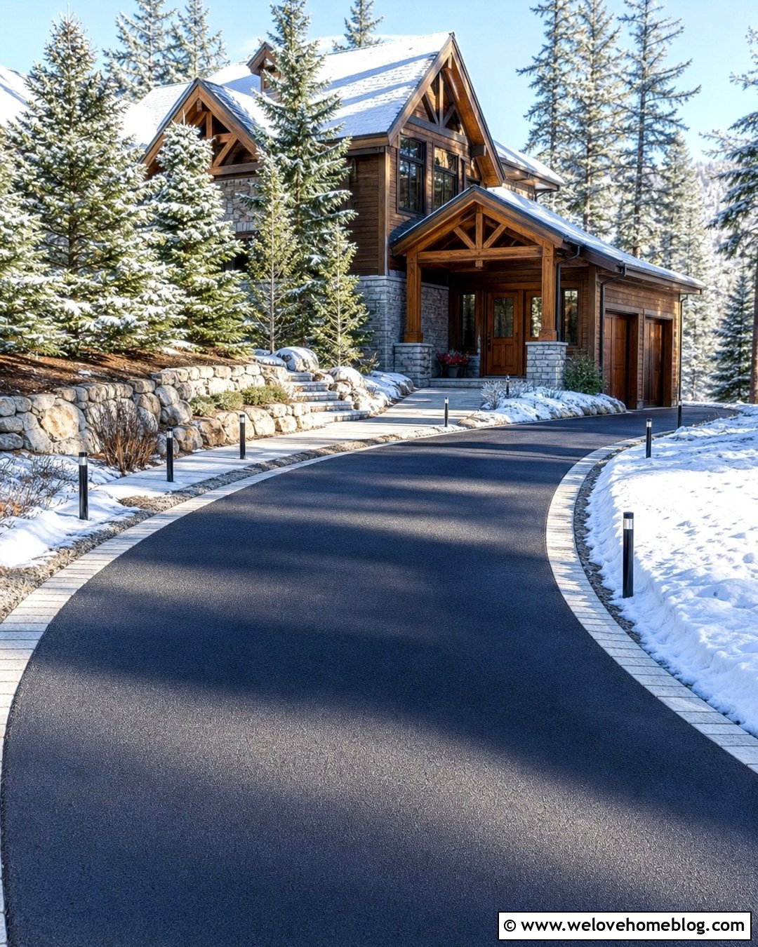 Snowy Driveway With Lighted Marker Posts - 20 Snowy Driveway Ideas