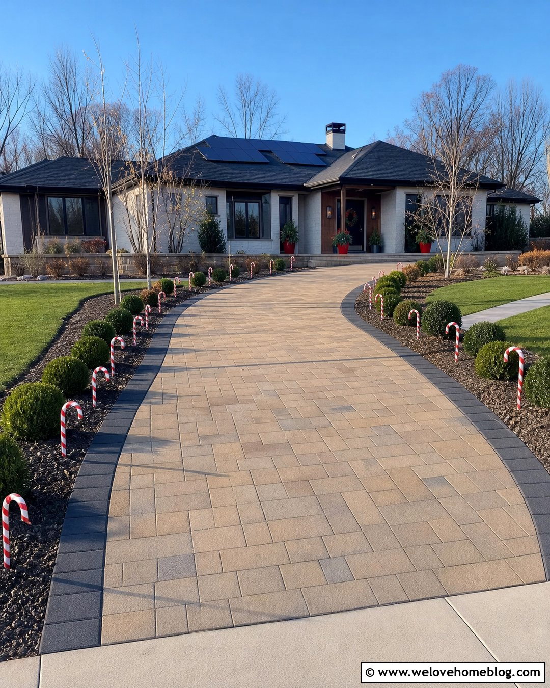 Solar Candy Cane Lights Along a Paver Driveway - 20 Candy Cane Lined Driveway Ideas