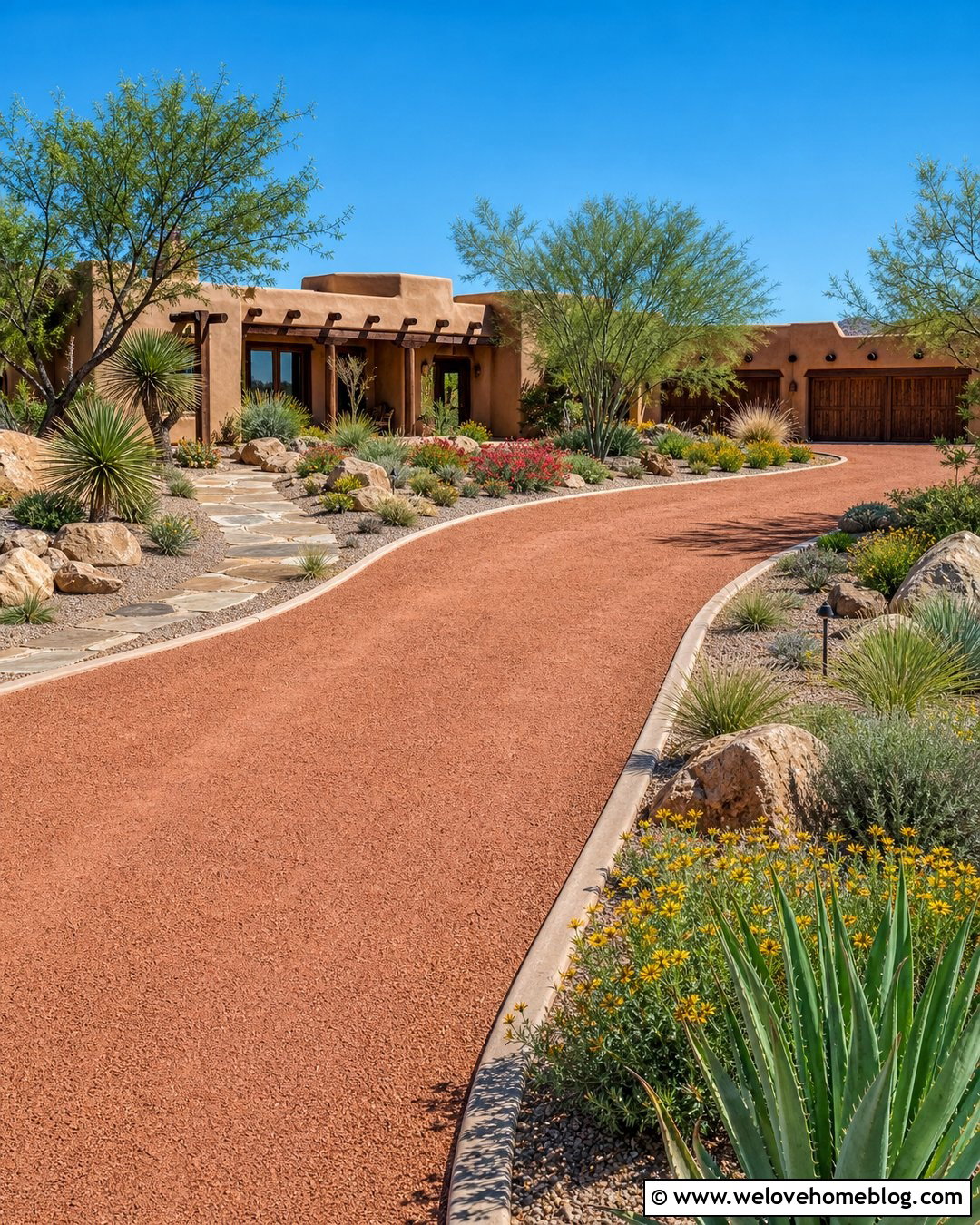 Southwest Gravel Driveway With Desert Plants - 20 Core Gravel Driveway Ideas