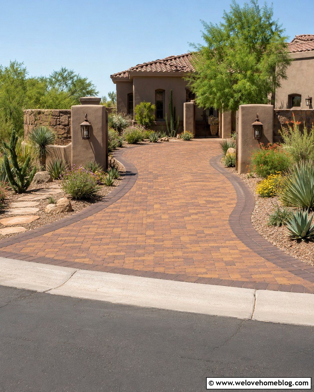 Southwestern Paver Driveway With Desert Landscaping - 20 colorful paver driveway ideas