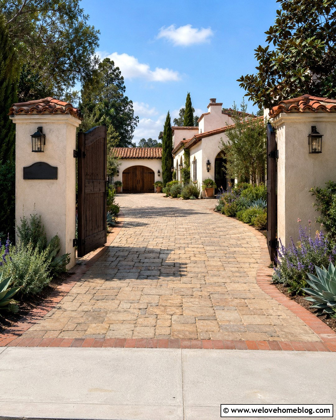 Spanish Driveway With Stucco Pillars - 20 Spanish Style Driveway Ideas