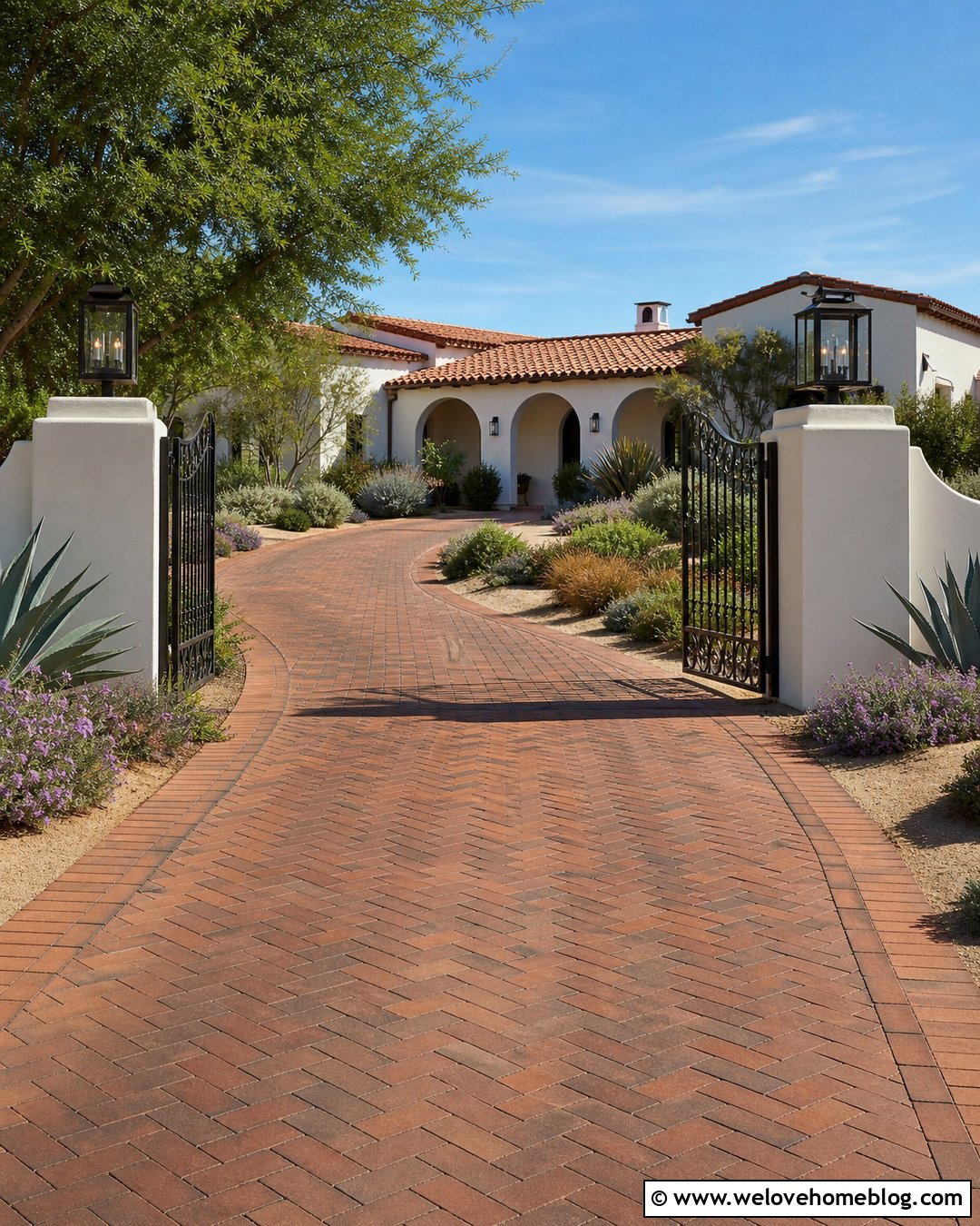 Spanish Villa Driveway With Brick Pavers - 25 Villa Driveway Ideas