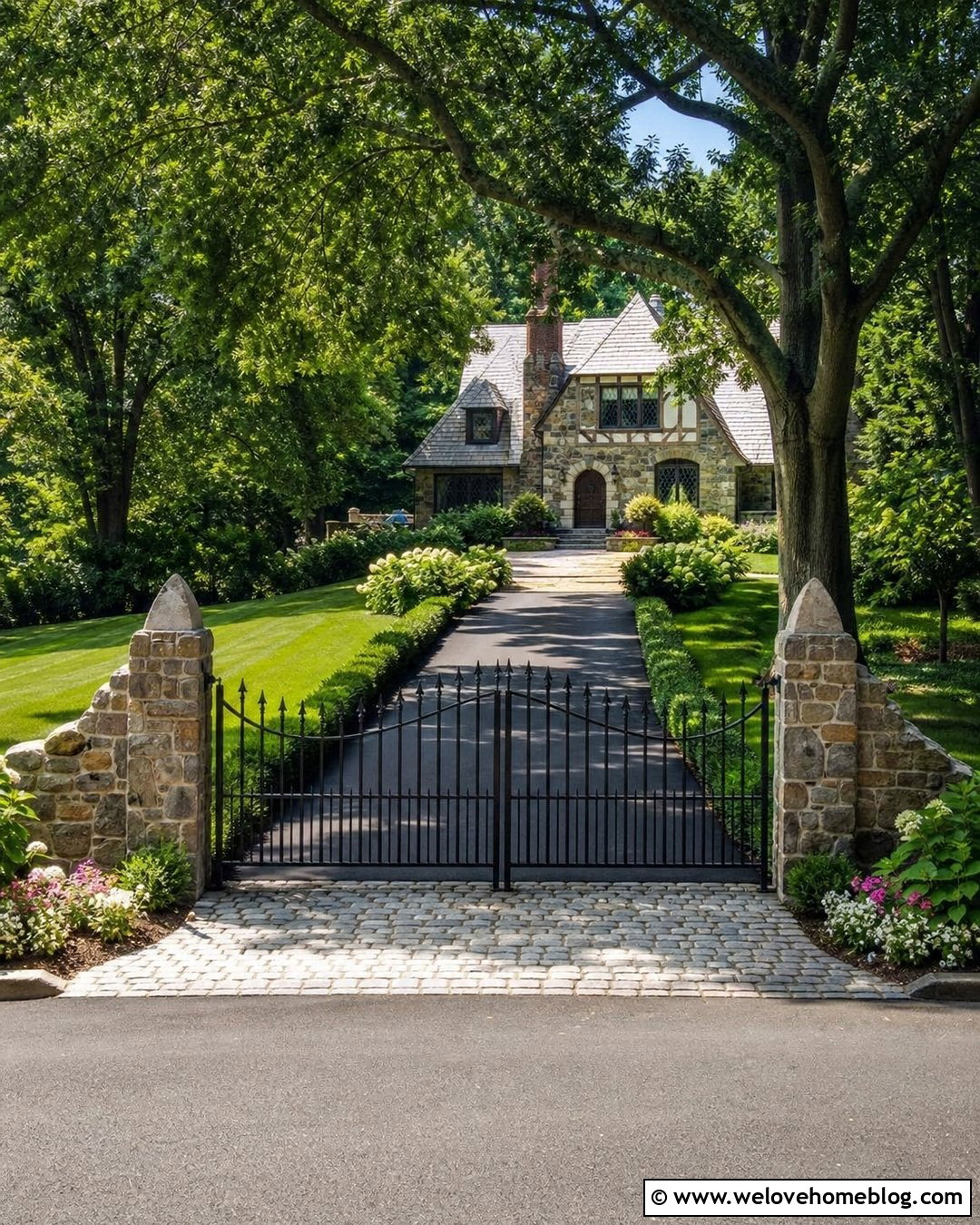 Spear Top Cast Iron Gate With Stone Pillars - 20 Cast Iron Driveway Gates Ideas
