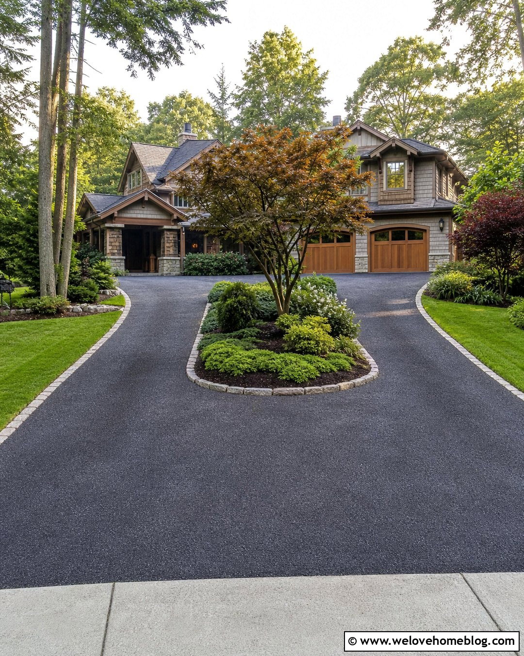 Split Asphalt Millings Driveway With A Landscaped Island - 25 Asphalt Millings Driveway Ideas