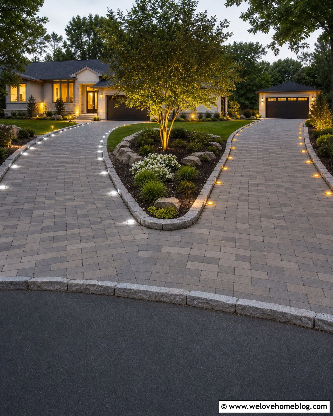 Split Driveway Entrance With Color Coded Solar Markers - 20 Driveway Markers Entrance Solar Lights Ideas
