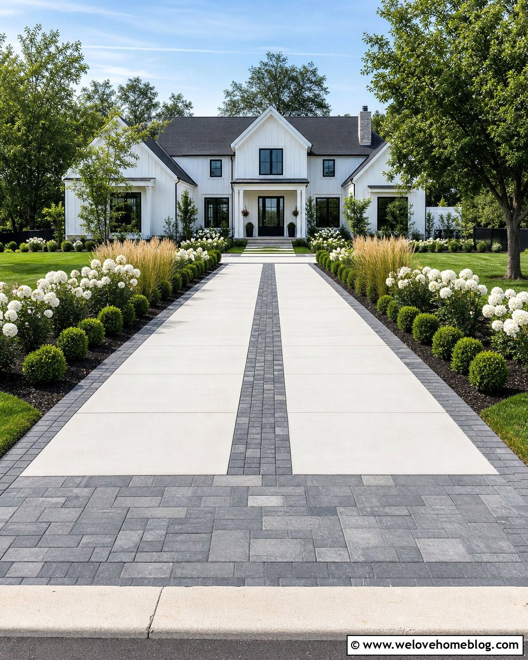 Split Driveway With Concrete And Pavers - 30 Driveway Installation Ideas