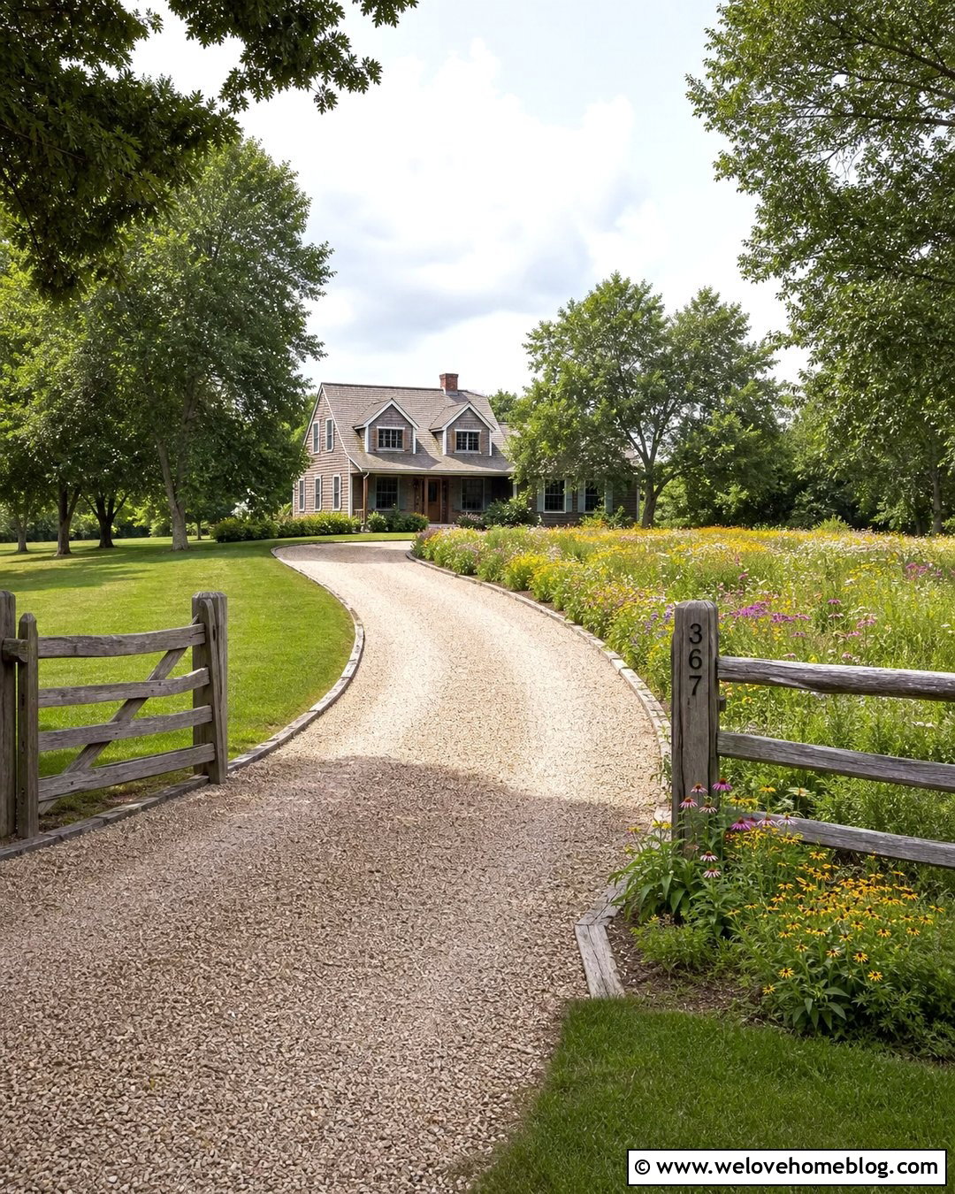 Split Rail Farm Gate With Curved Gravel Driveway - 25 Farm Gates Entrance Driveways Ideas