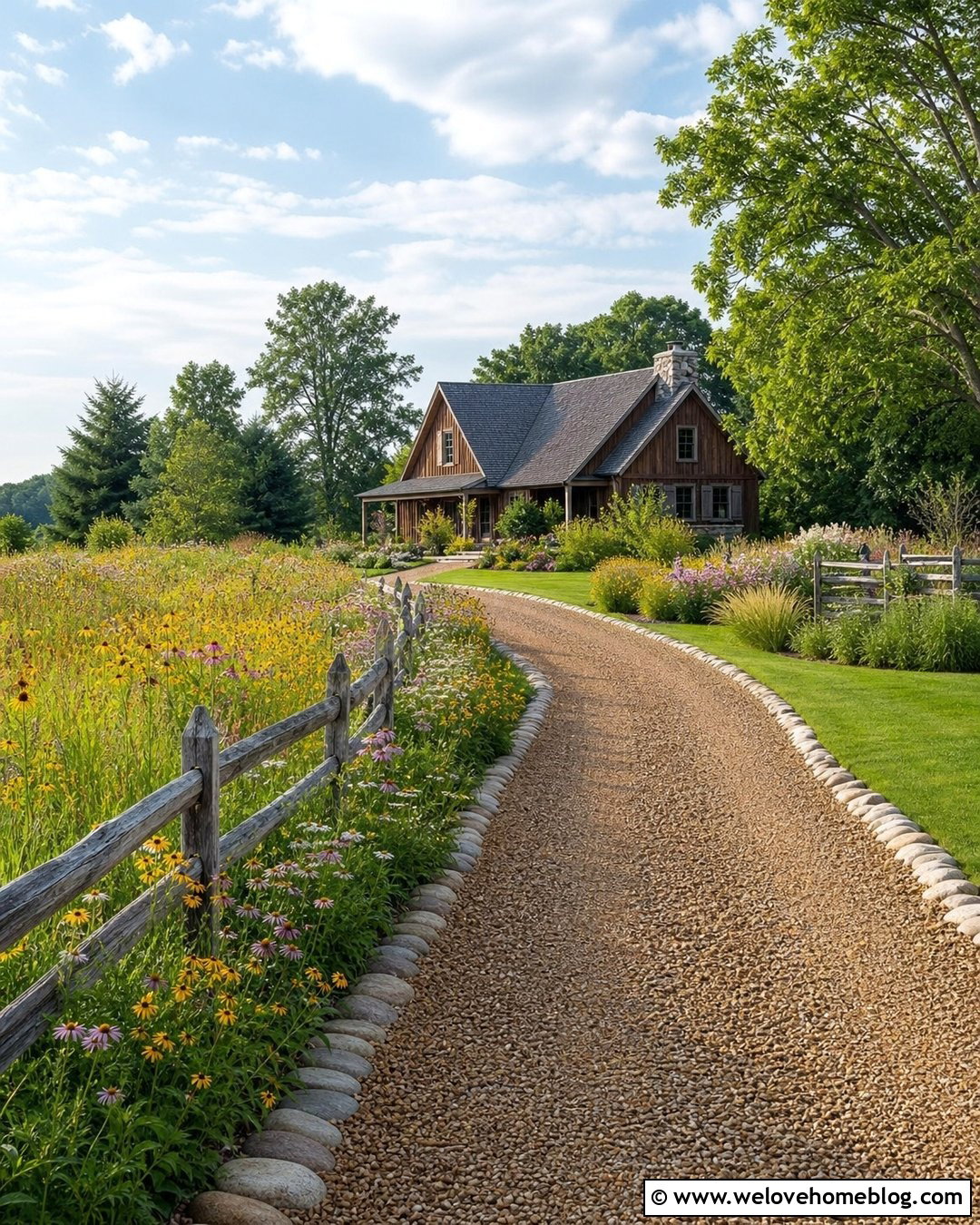 Split Rail Fence Driveway With Wildflowers - 25 Driveways Split Rail Fence Ideas
