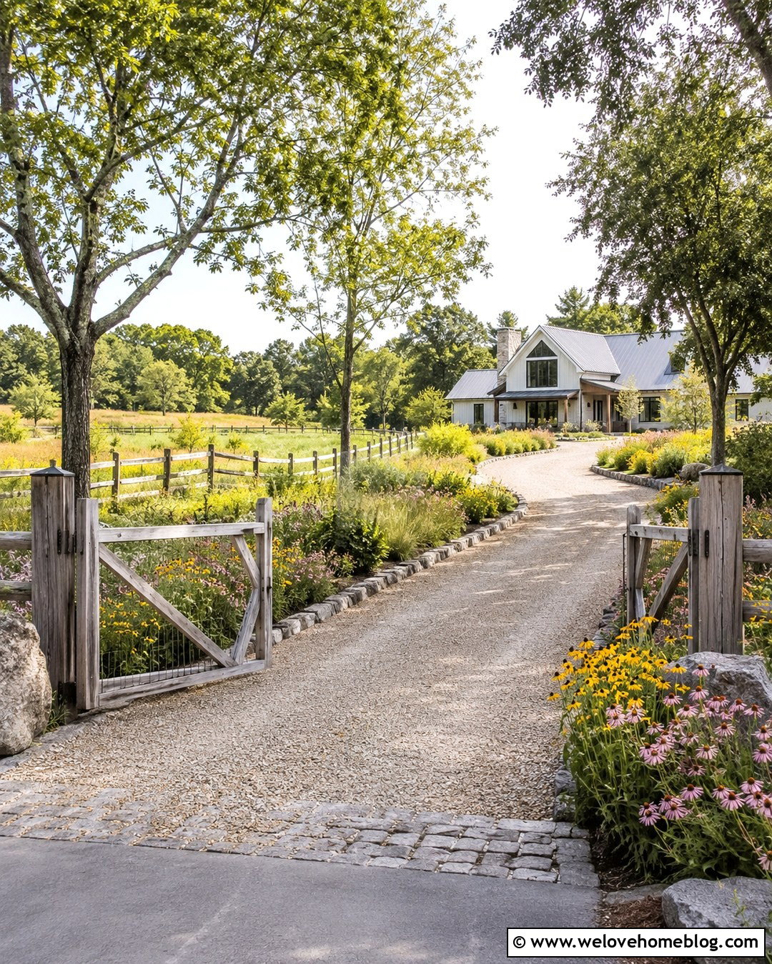 Split Rail Fence Lined Gravel Driveway - 20 Driveway Lining Ideas