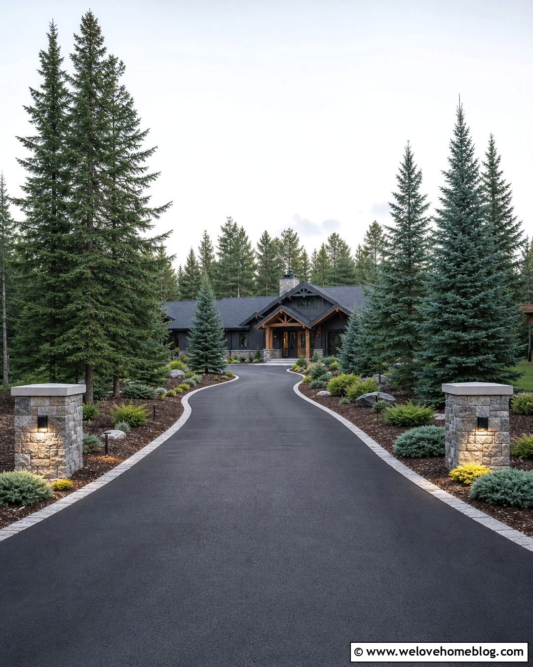 Spruce Trees Along An Asphalt Driveway - 30 driveway trees ideas