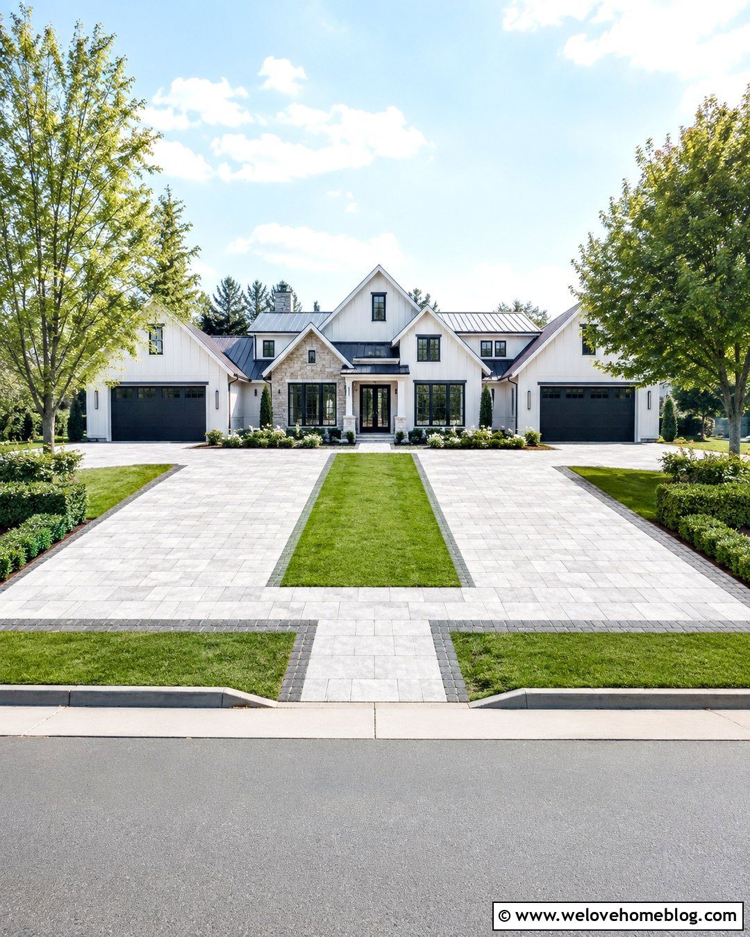 Square Driveway With Central Grass Strip - 20 Square Driveway Ideas