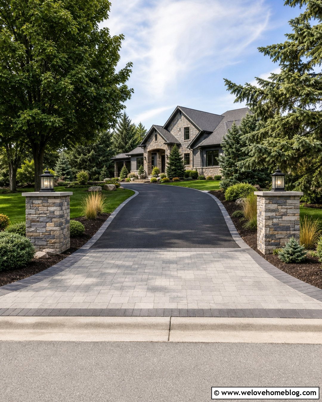 Stacked Stone Driveway Posts With Asphalt - 20 Driveway Posts Entrance Ideas