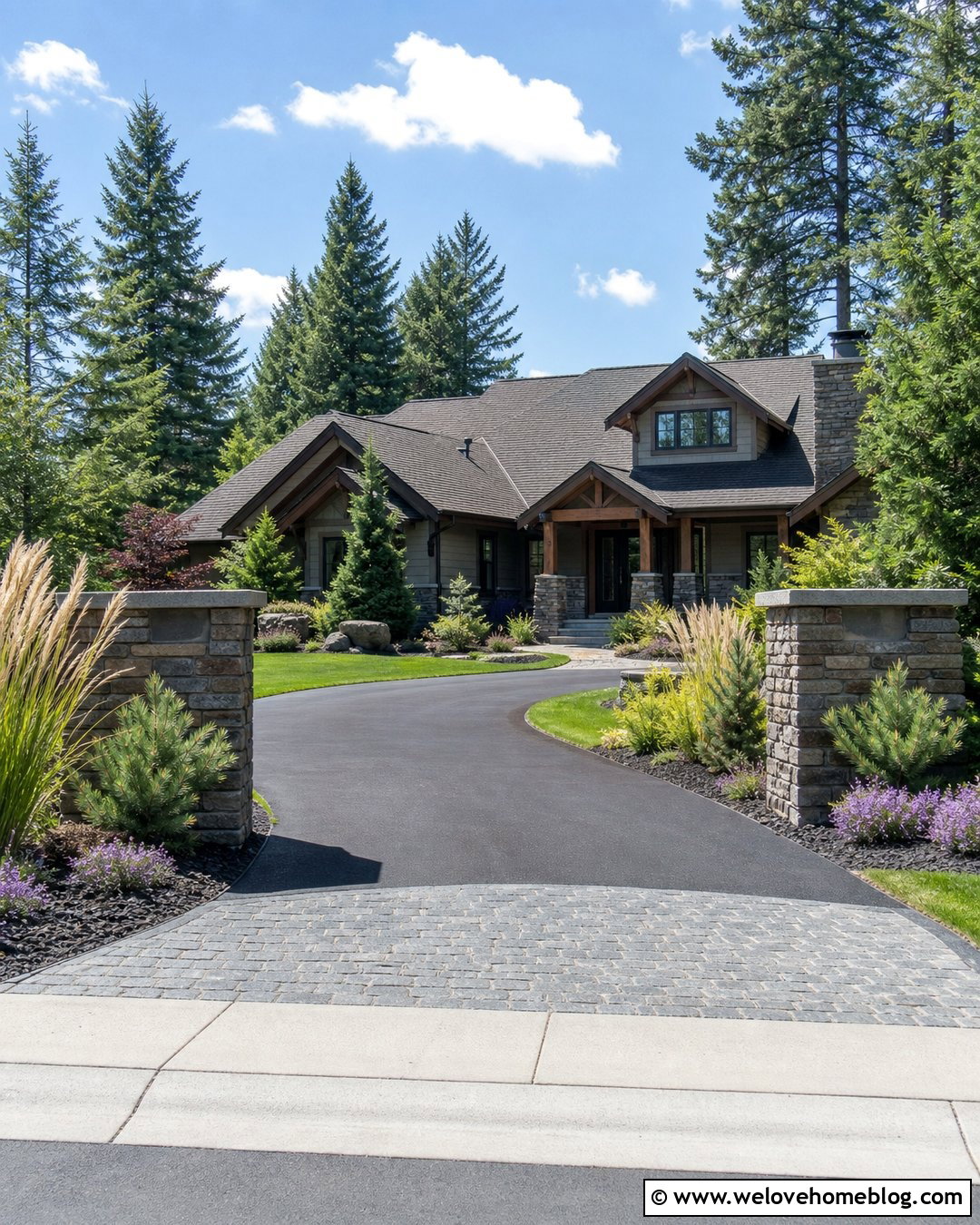 Stacked Stone Pillars With An Asphalt Driveway - 40 Stone Pillars Driveway Entrance Ideas