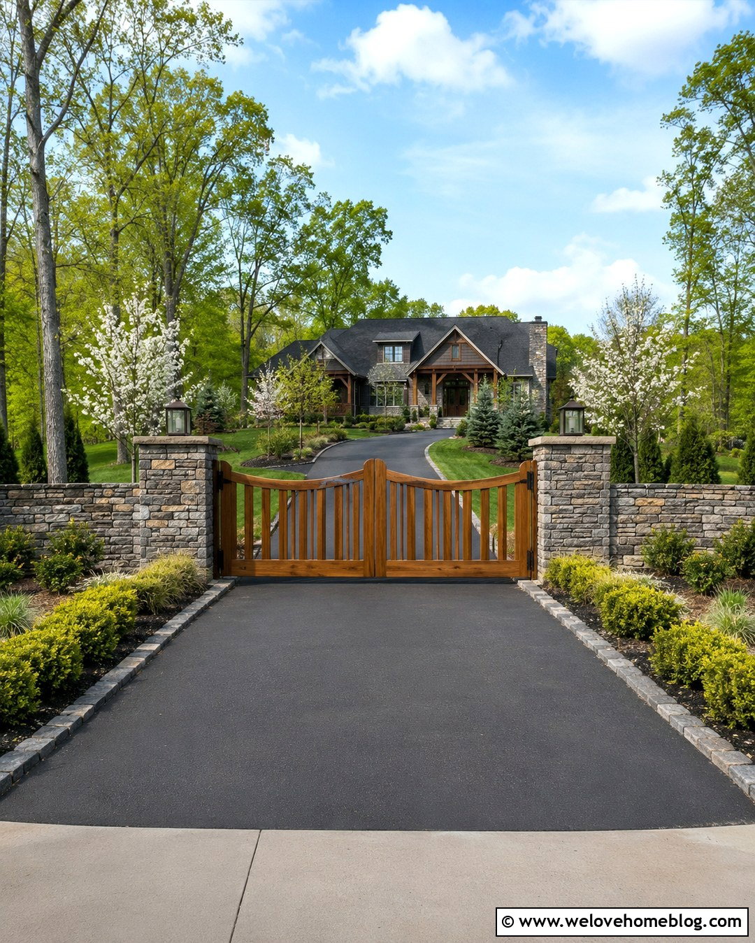Stacked Stone Wall With Wood Driveway Gate - 20 Rock Wall Driveway Entrance Ideas