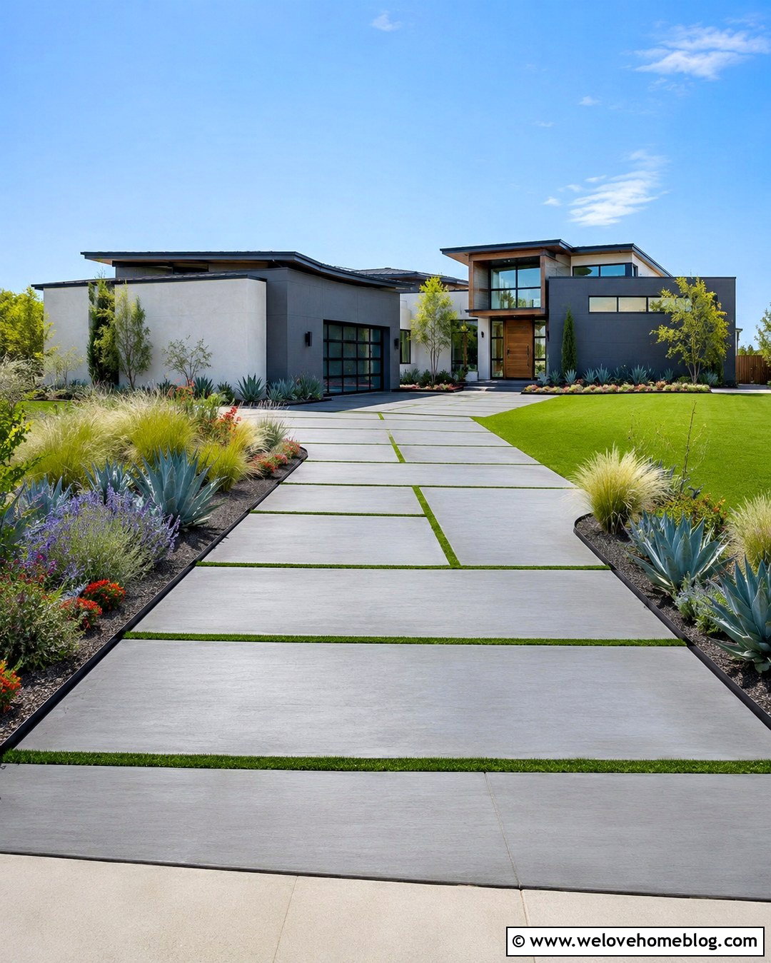 Staggered Concrete Slab Driveway - 20 concrete driveway with grass inlay ideas
