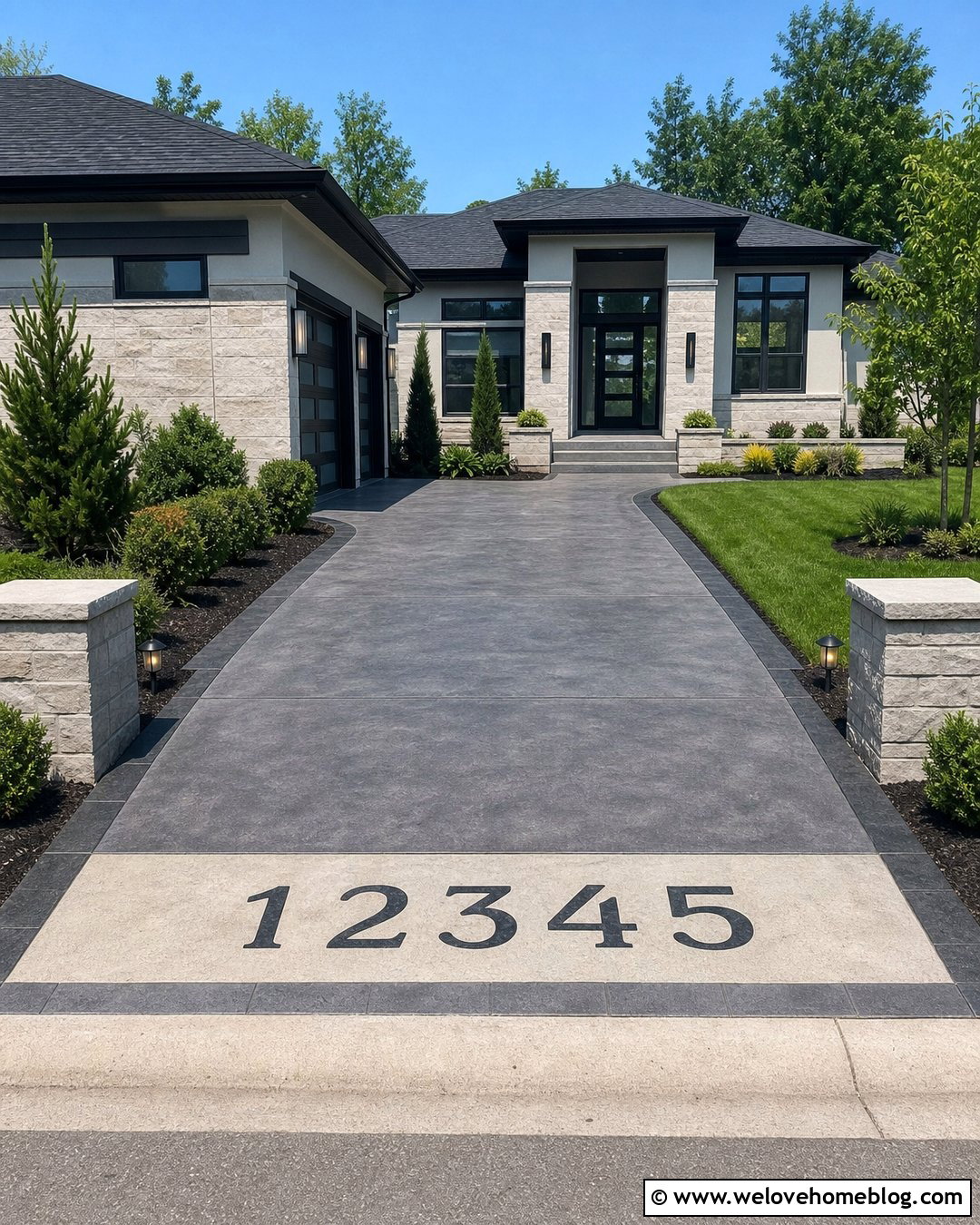 Stained Concrete Driveway With Address Inlay - 30 Stained Concrete Driveway Ideas