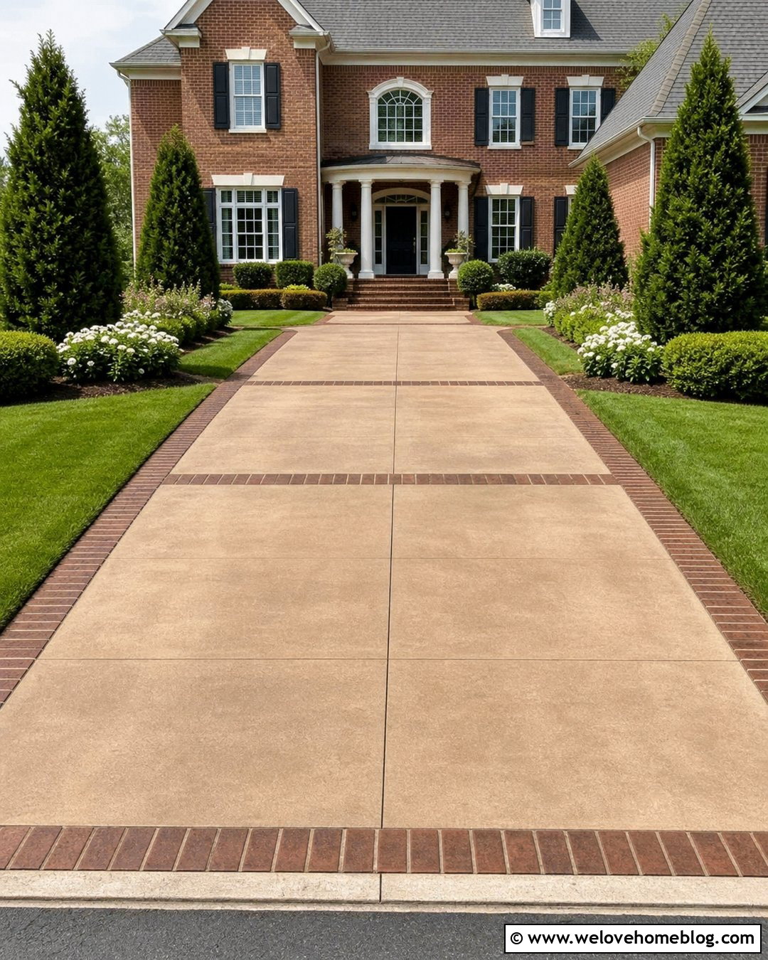Stained Concrete Driveway With Brick Pattern Border
