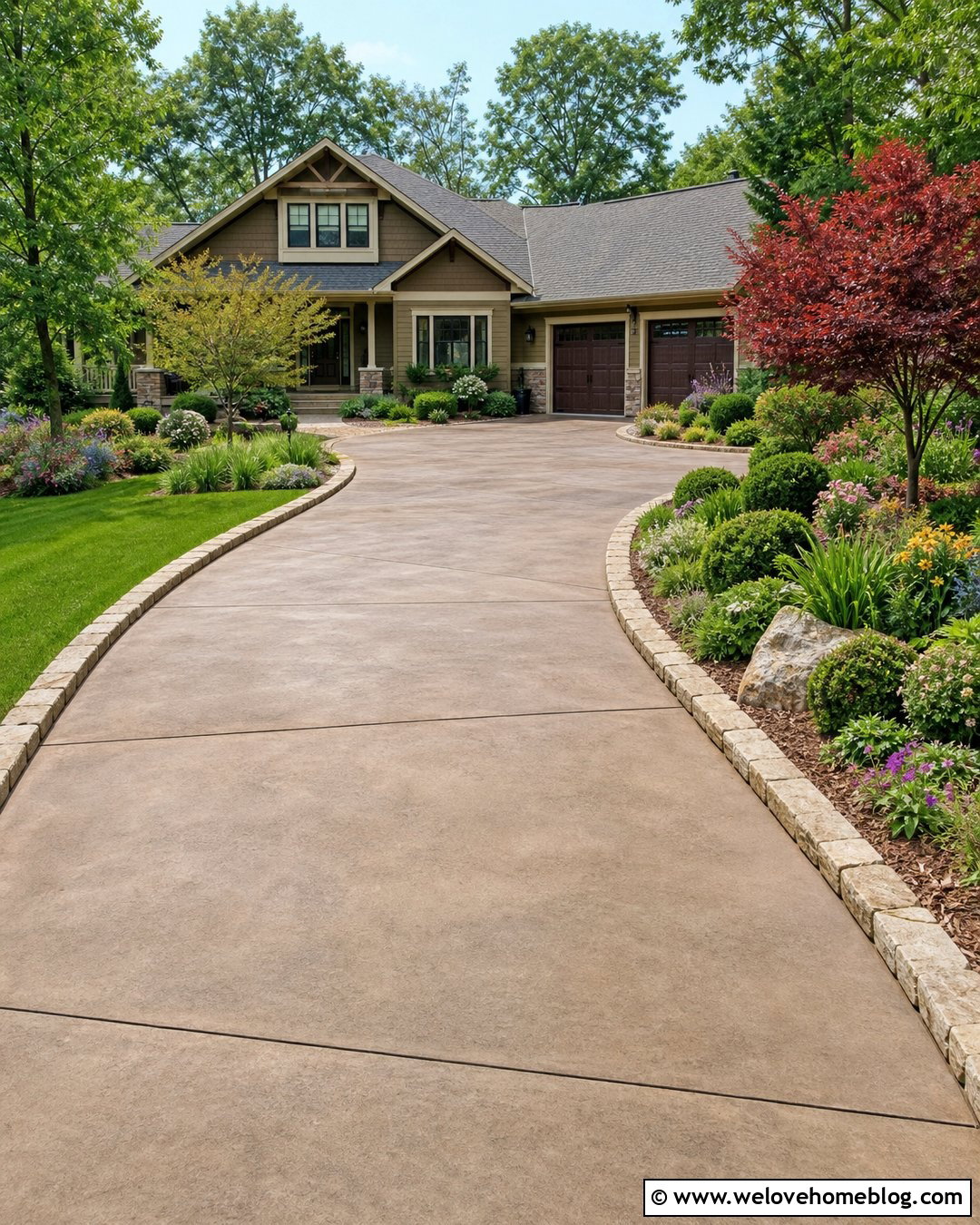 Stained Concrete Driveway With Curved Planting Beds - 30 Stained Concrete Driveway Ideas