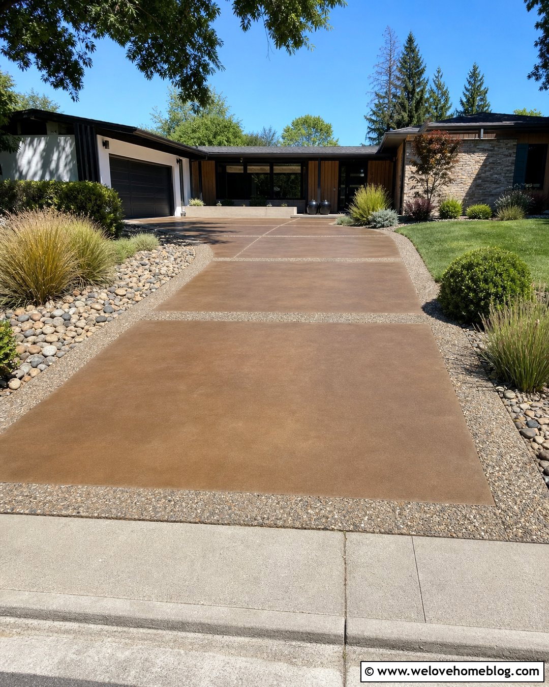 Stained Concrete Driveway With Exposed Aggregate Border - 30 Stained Concrete Driveway Ideas
