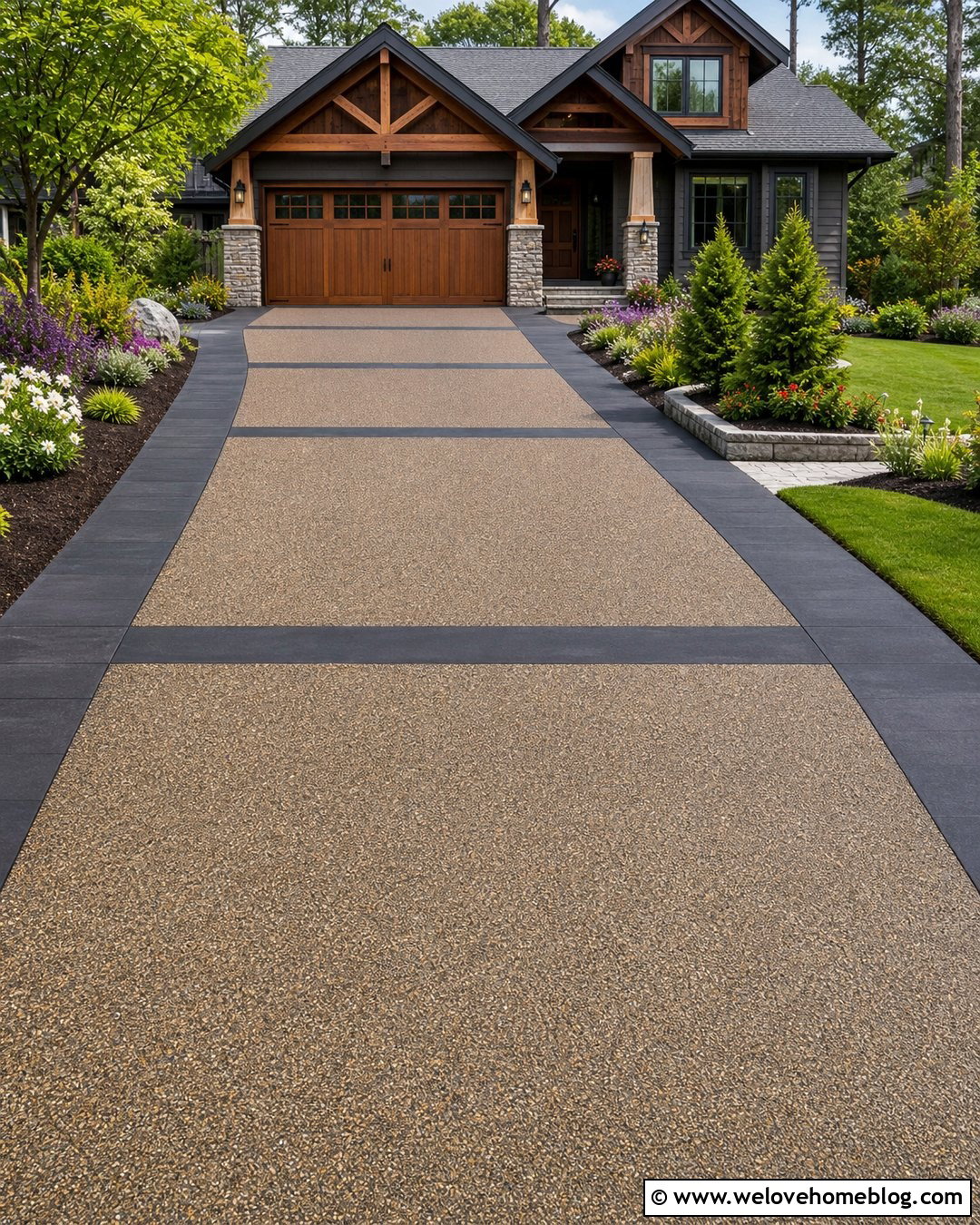 Stained Concrete Driveway With Exposed Aggregate Center - 20 Staining Concrete Driveway Ideas