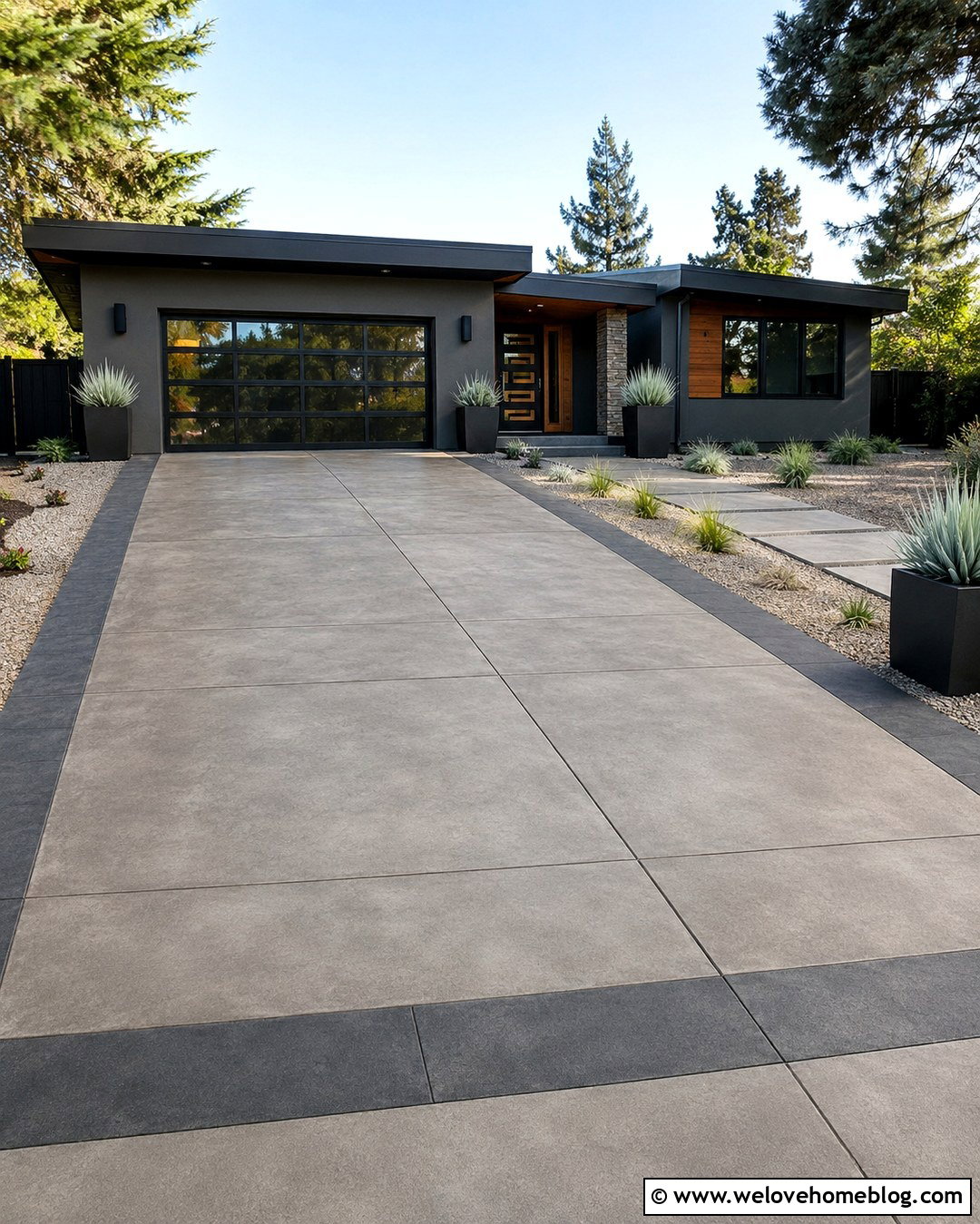 Stained Concrete Driveway With Geometric Border - 20 Easy Driveway Projects Ideas