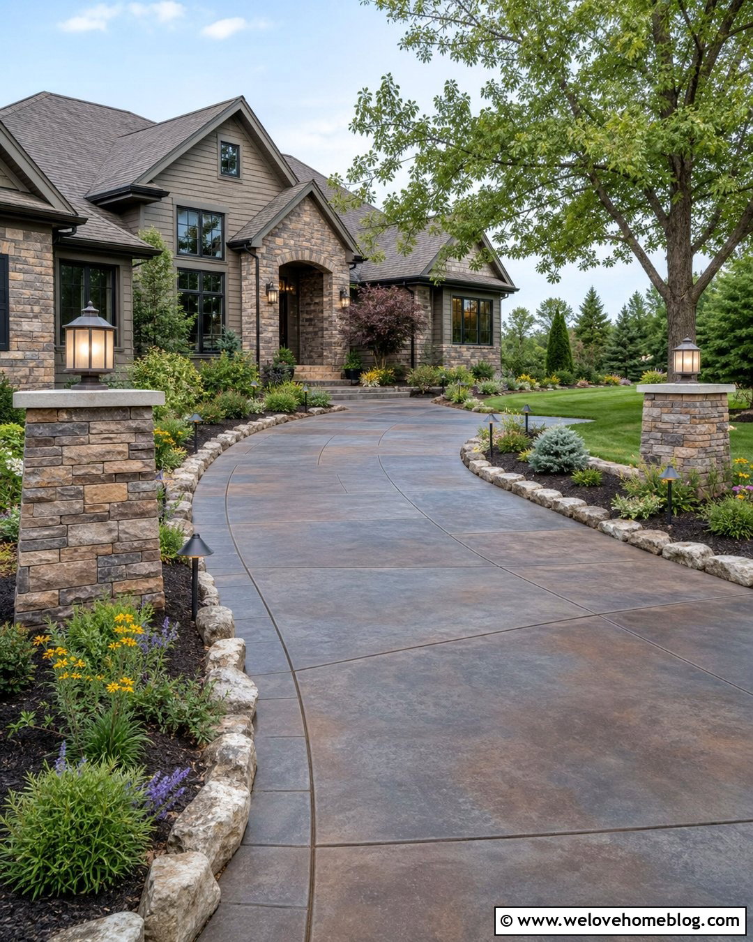 Stained Concrete Driveway With Layered Landscape Lighting - 30 Stained Concrete Driveway Ideas
