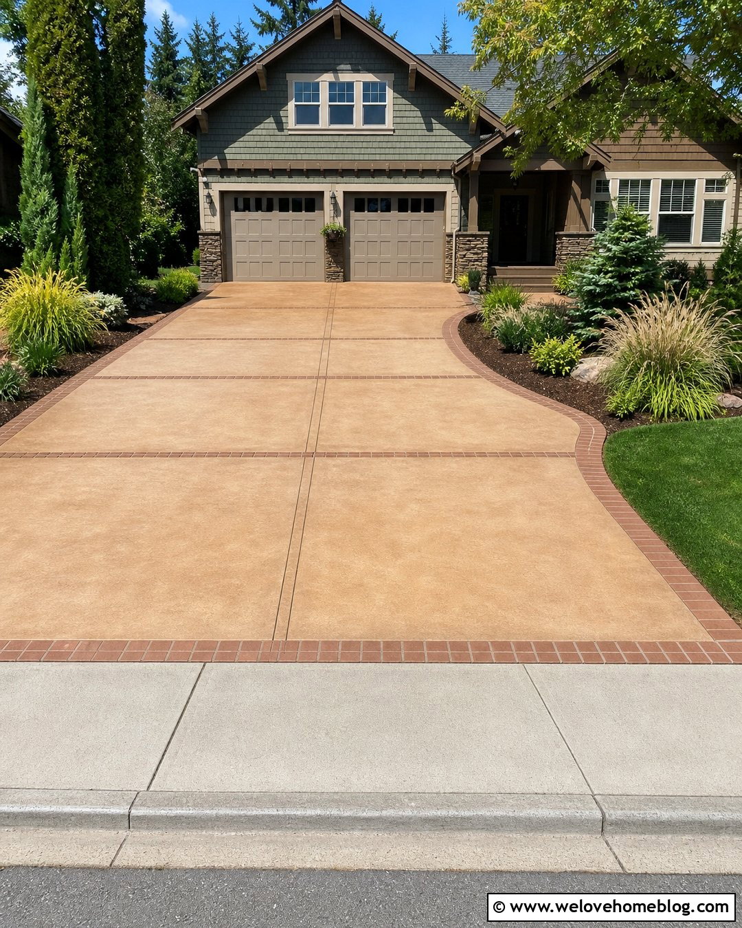 Stained Concrete Driveway With Paver Ribbons - 30 Stained Concrete Driveway Ideas