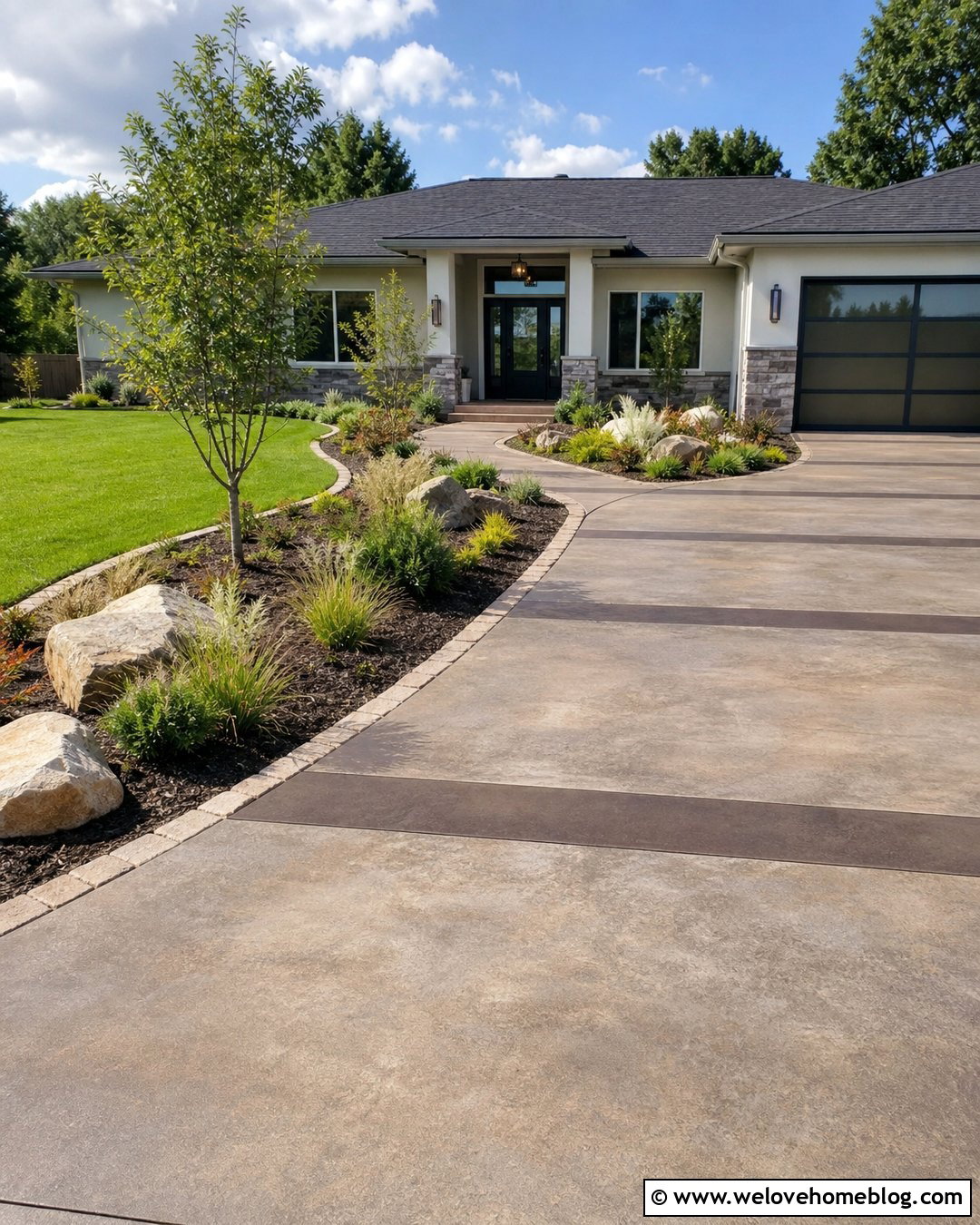 Stained Concrete Driveway With Ranch House Landscaping - 30 Stained Concrete Driveway Ideas