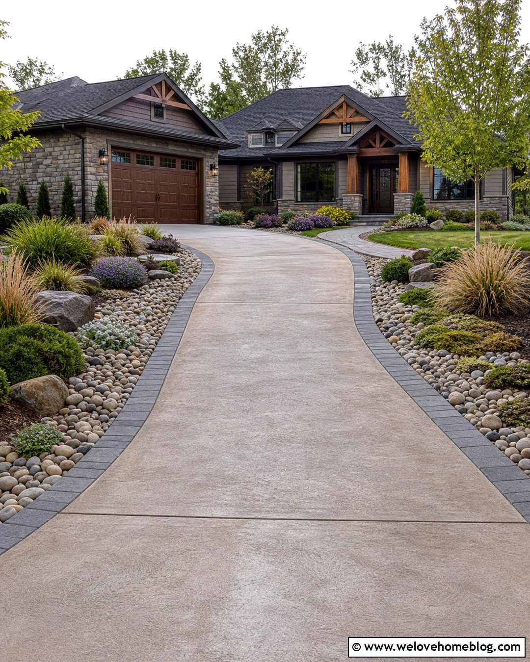 Stained Concrete Driveway With Stone Landscaping - 20 Driveway Makeover Project Ideas