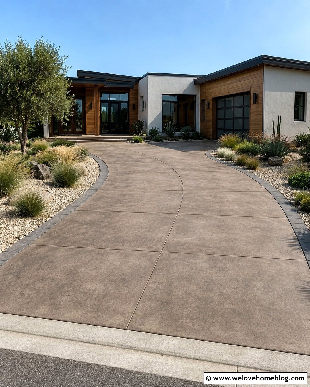 Stained Concrete Driveway With Warm Brown Tones - 20 Modern Concrete Driveway Designs Ideas