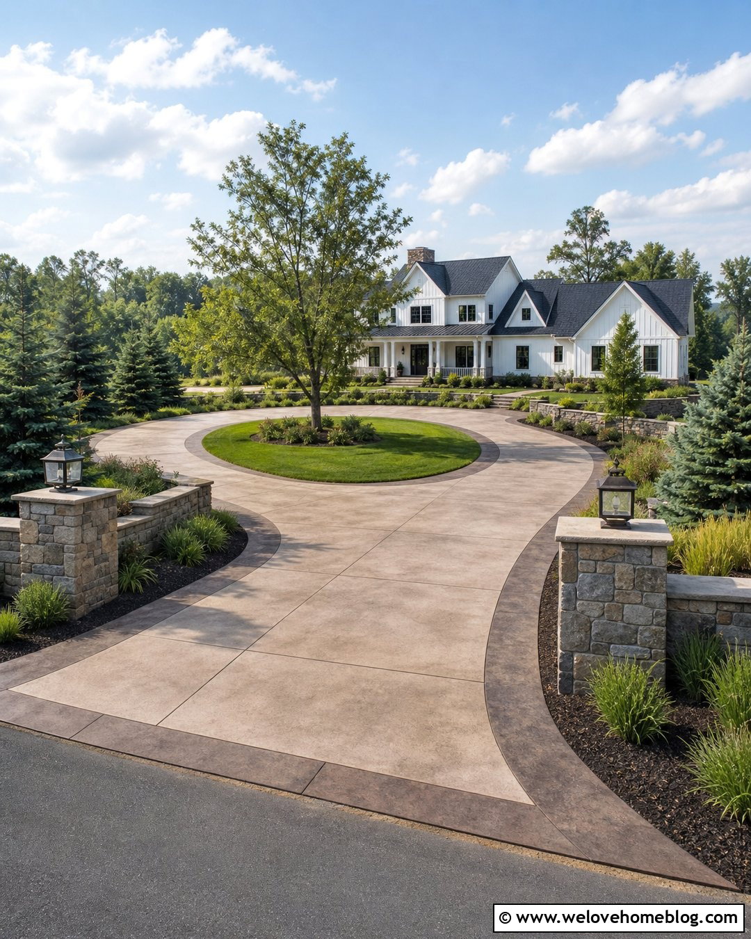 Stained Concrete Horseshoe Driveway With Stone Pillars - 30 Stained Concrete Driveway Ideas