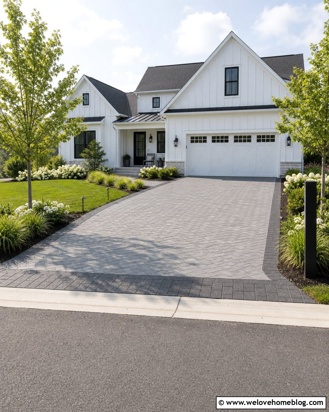 Stamped Asphalt Driveway With Modern Farmhouse Landscaping - 20 Stamped Asphalt Driveway Ideas