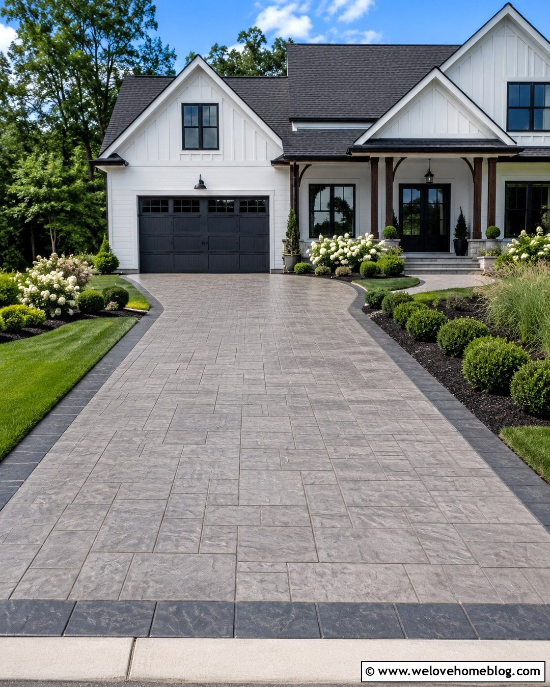 Stamped Cement Driveway With Dark Border - 20 Cement Driveway Curb Appeal Ideas