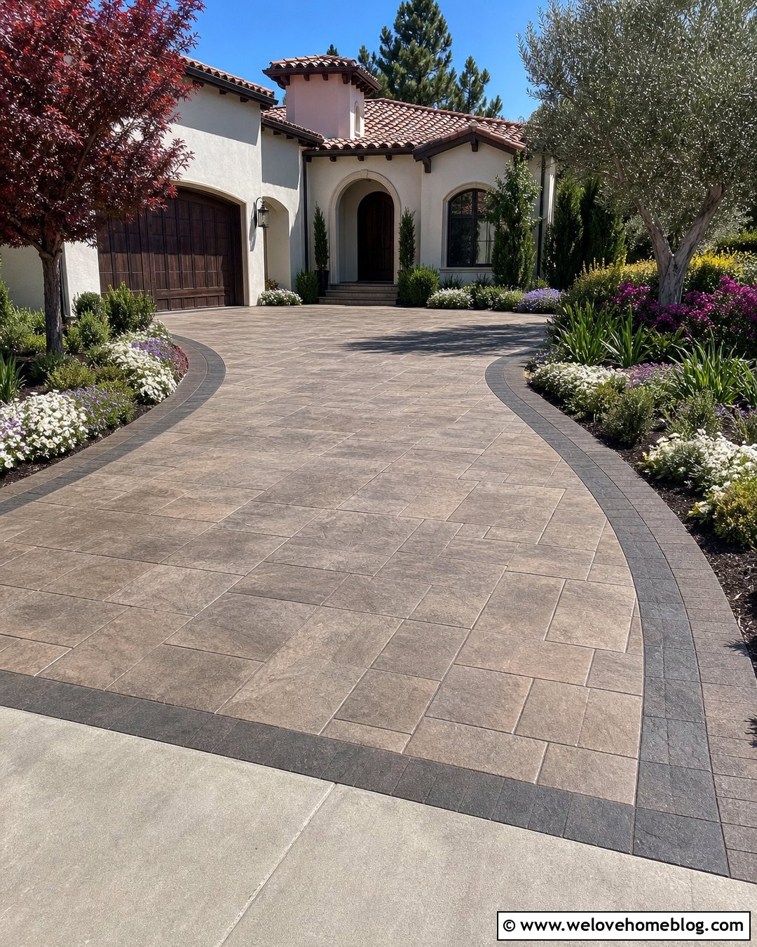 Stamped Concrete Apron With Curved Flower Beds - 20 driveway apron landscaping ideas