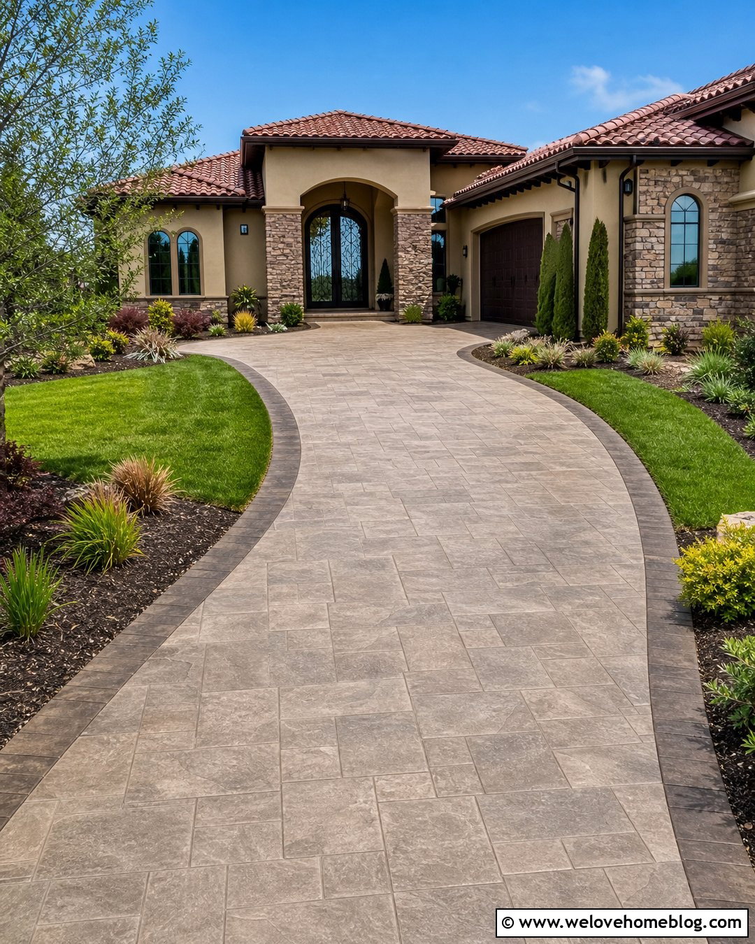 Stamped Concrete Driveway Entrance With Columns - 25 Entrance Driveway Ideas