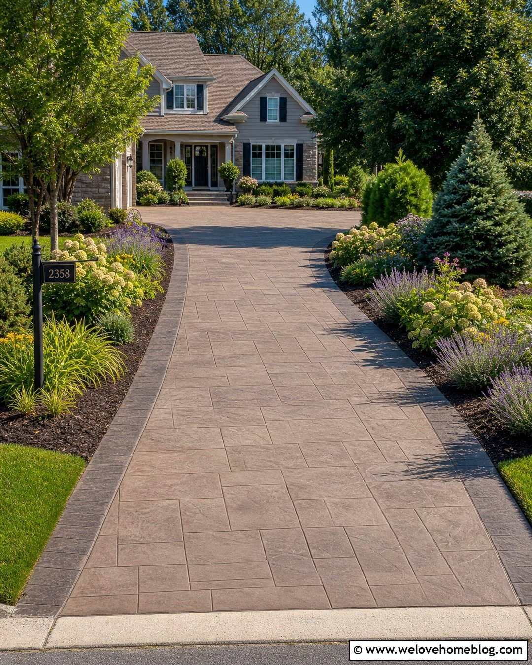 Stamped Concrete Driveway Entrance With Flower Beds - 20 Simple Driveway Entrance Ideas